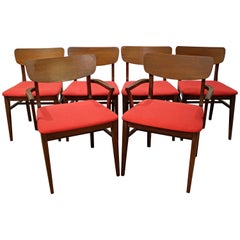 Retro Set of Six Mid-Century Modern Curved Back Red Walnut Dining Chairs
