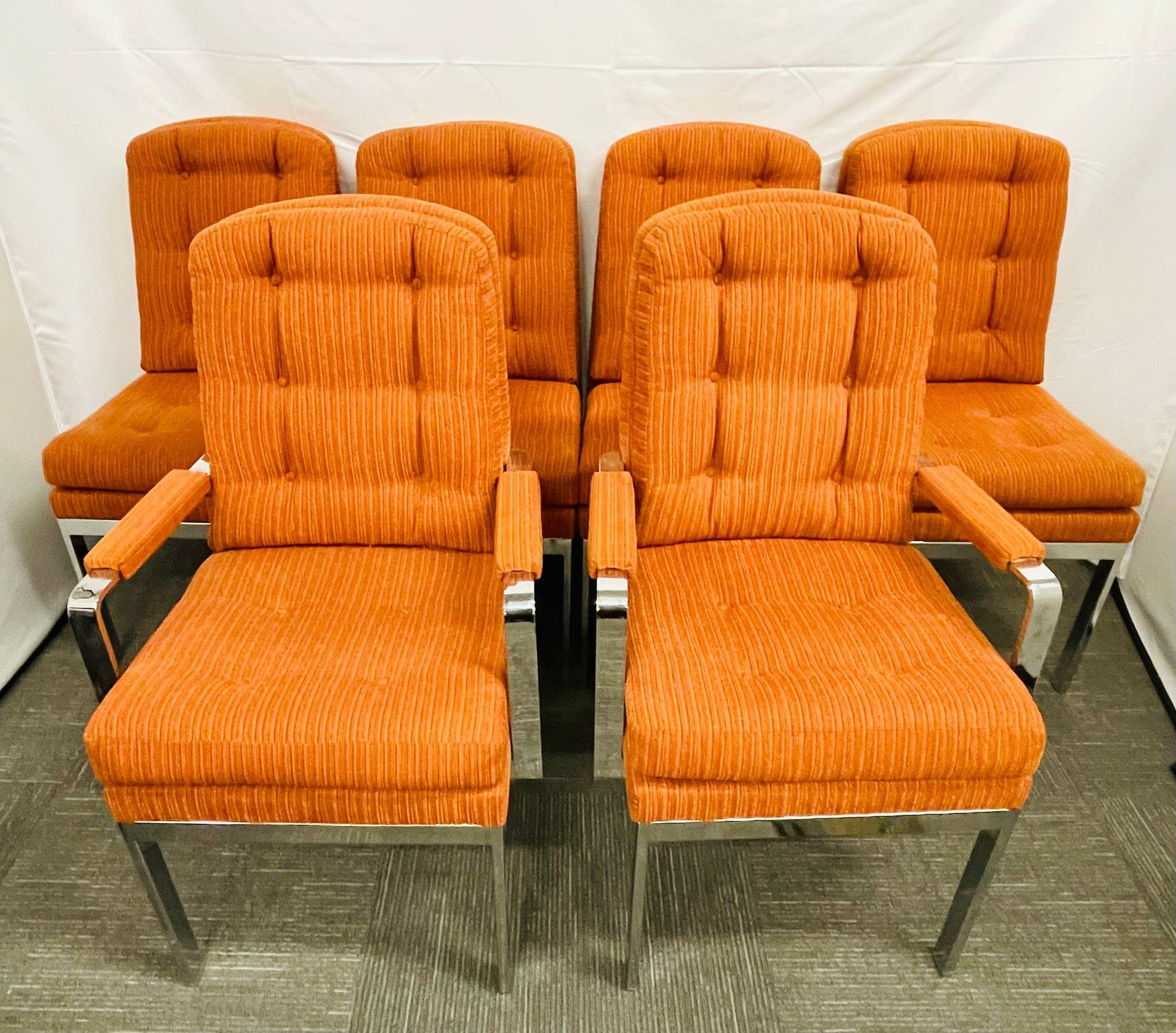 Set of six Mid-Century Modern Dining Chairs, Milo Baughman style, Chrome, Fabric
Set of six Mid-Century Modern dining room chairs comprised of four side chairs and a pair of arm chairs. Both comfortable as well as sturdy and strong, each is made