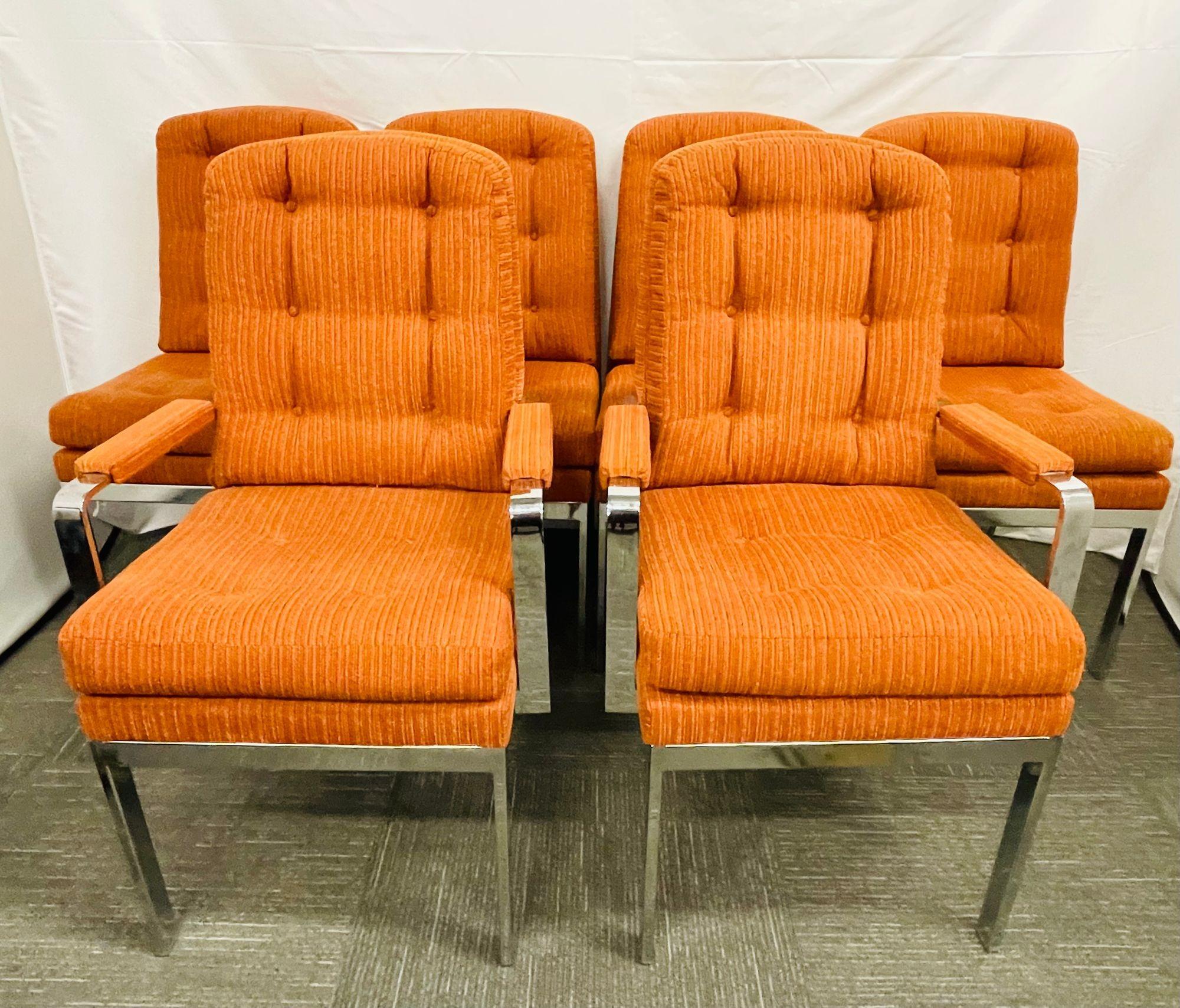 Set of Six Mid-Century Modern Dining Chairs, Milo Baughman Style, Chrome, Fabric In Good Condition For Sale In Stamford, CT