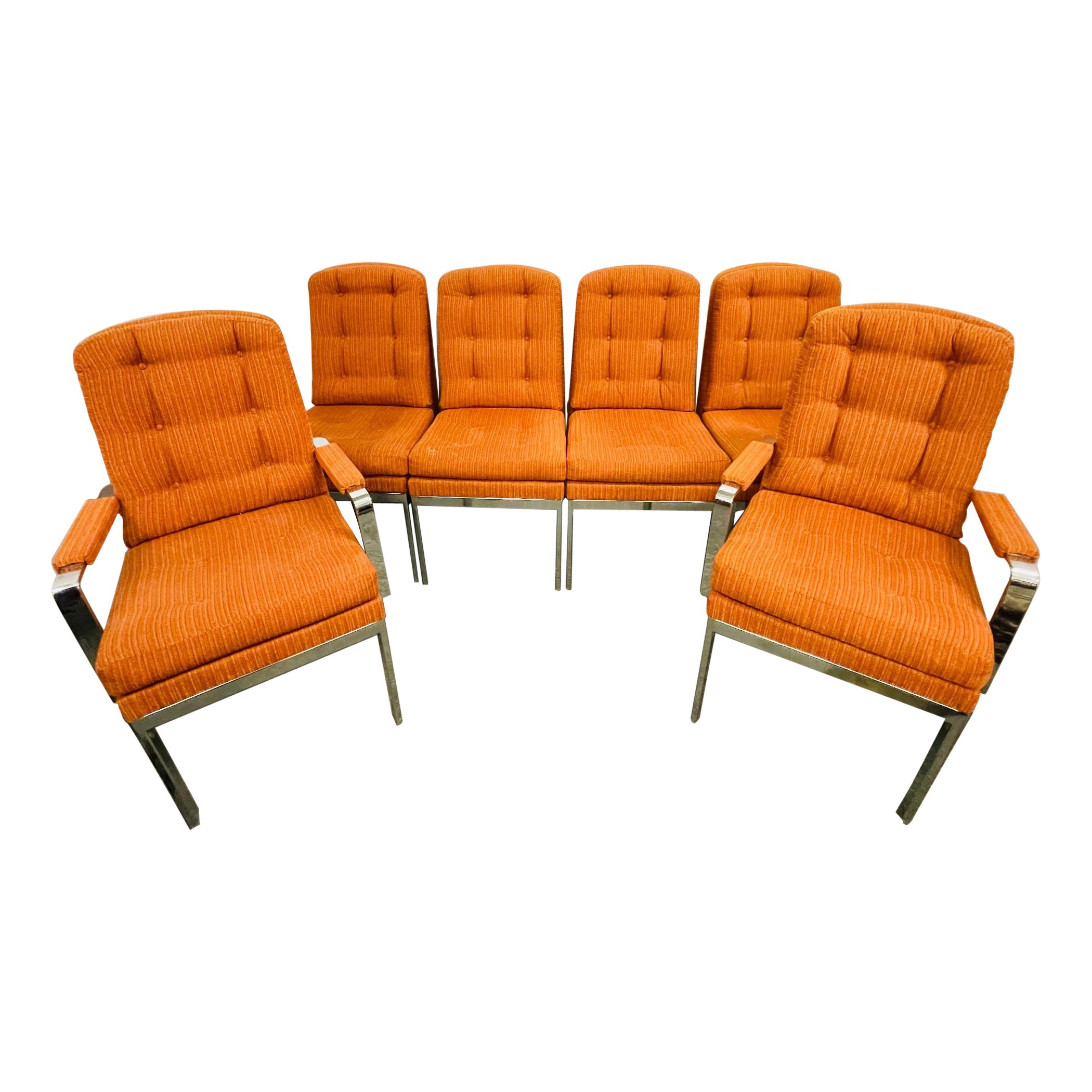 Set di sei sedie da pranzo moderne di metà secolo, stile Milo Baughman, cromo, tessuto