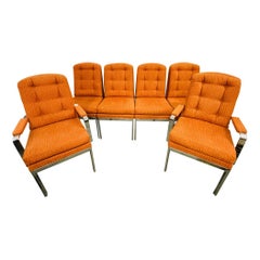Set di sei sedie da pranzo moderne di metà secolo, stile Milo Baughman, cromo, tessuto