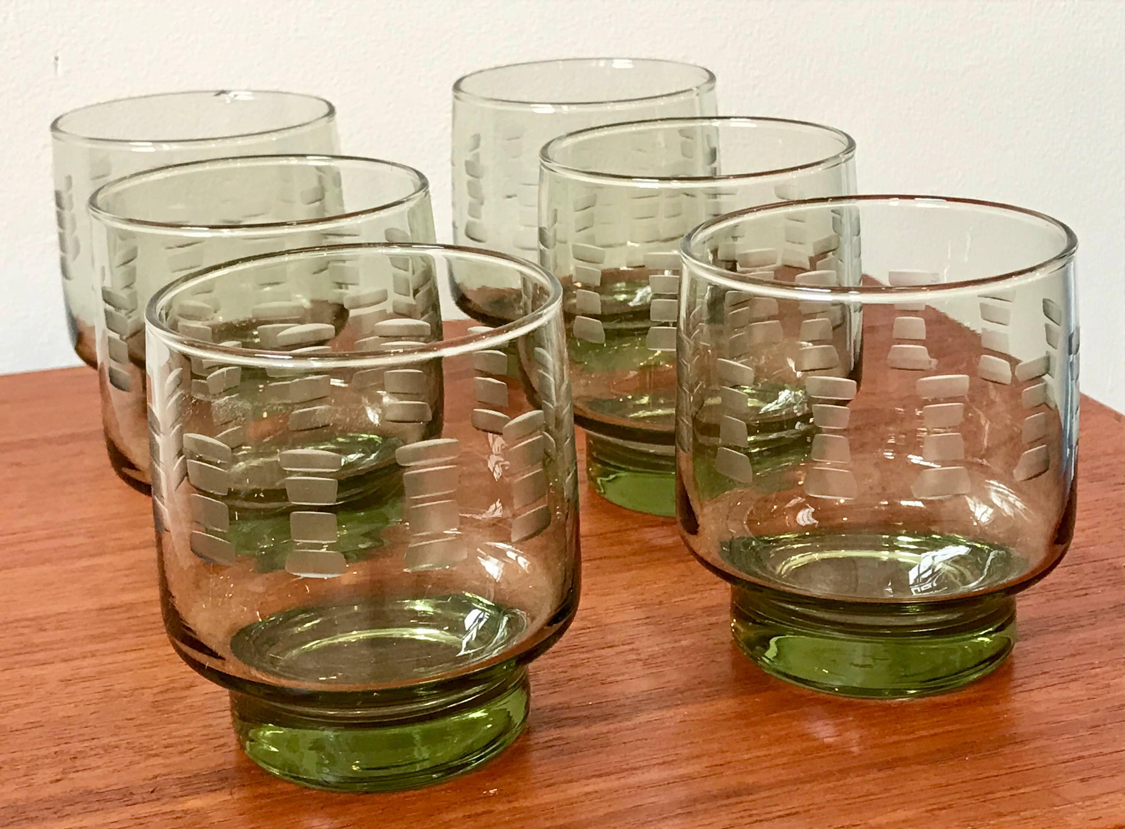 American Set of Six Mid-Century Modern Etched Green Cocktail Glasses, 1960s