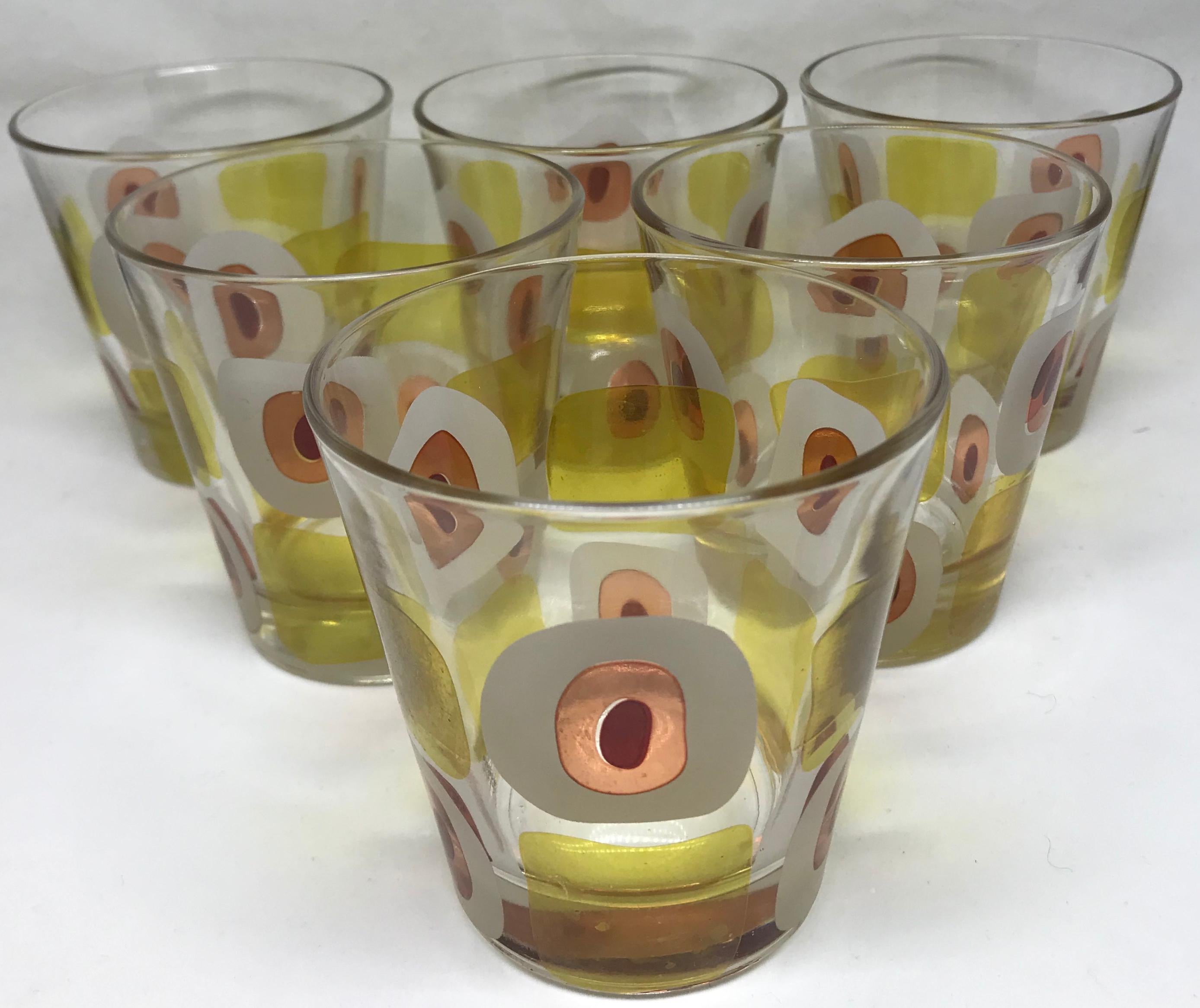 Set of six Mid-Century Modern Italian glasses. Six vintage bold sixties-style patterned glasses in yellow, red and opaque white. Marked and stamped 
