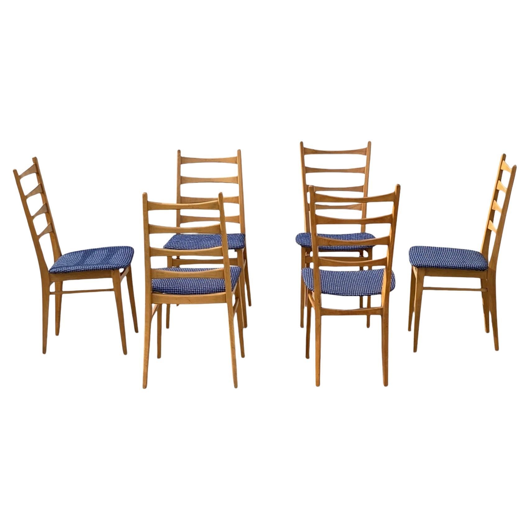 Set of Six Mid-Century Modern Ladderback Dining Chairs with New Upholstery For Sale