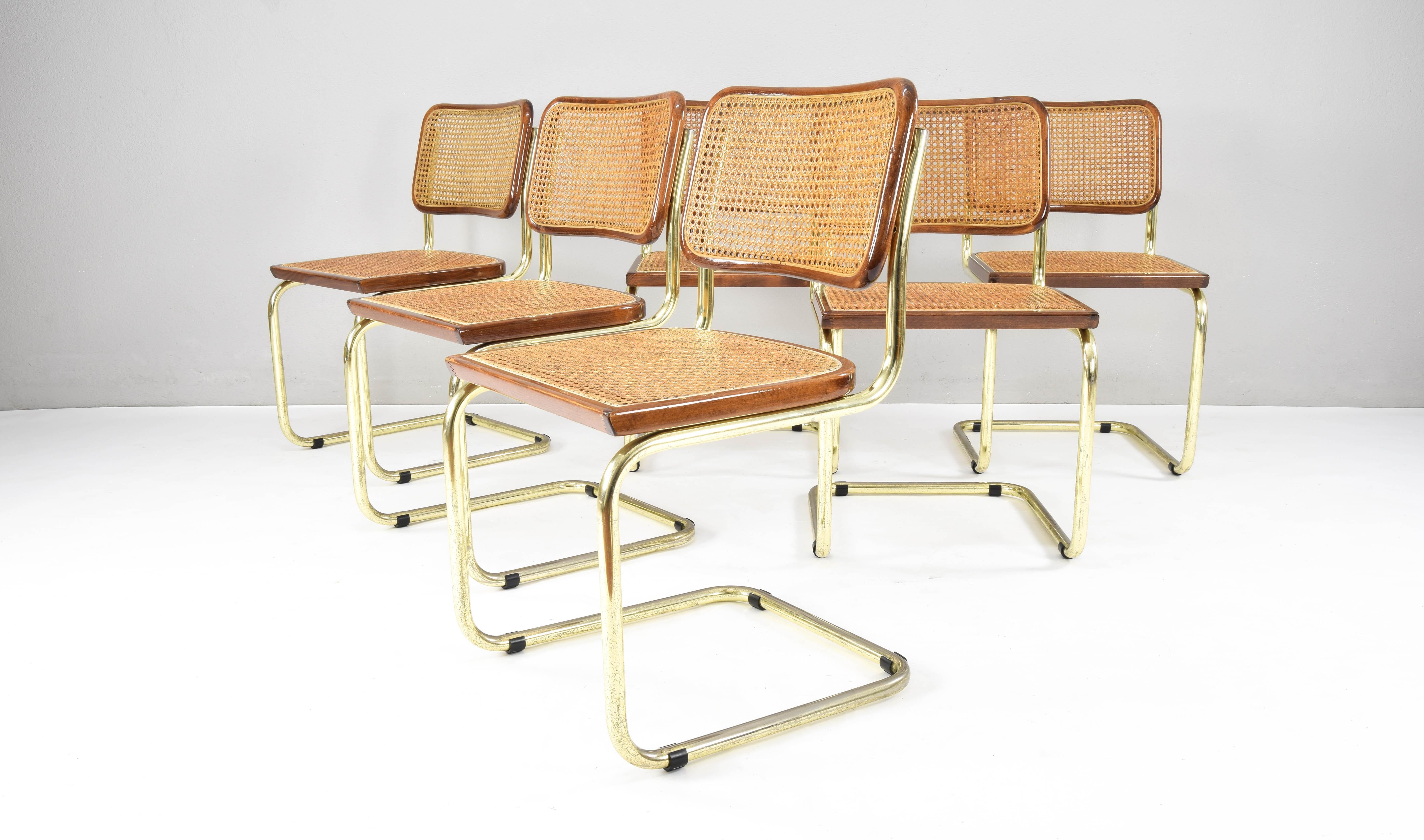 Bauhaus Set of Six Mid-Century Modern Marcel Breuer B32 Cesca Brass Chairs, Italy, 1970