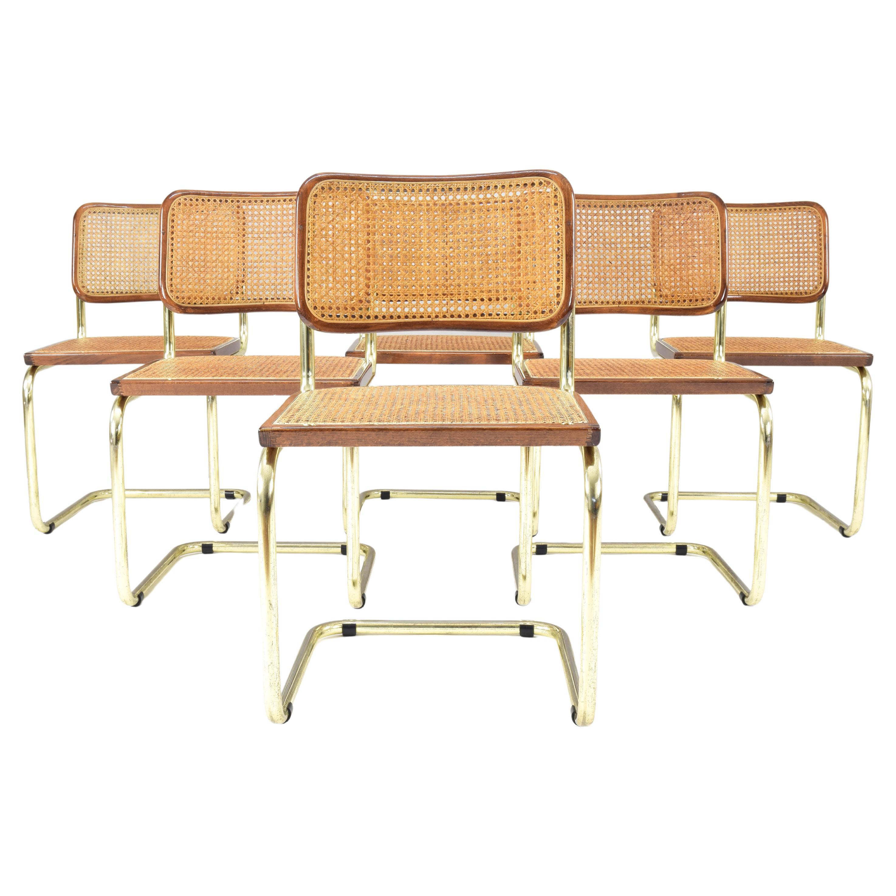Set of Six Mid-Century Modern Marcel Breuer B32 Cesca Brass Chairs, Italy, 1970