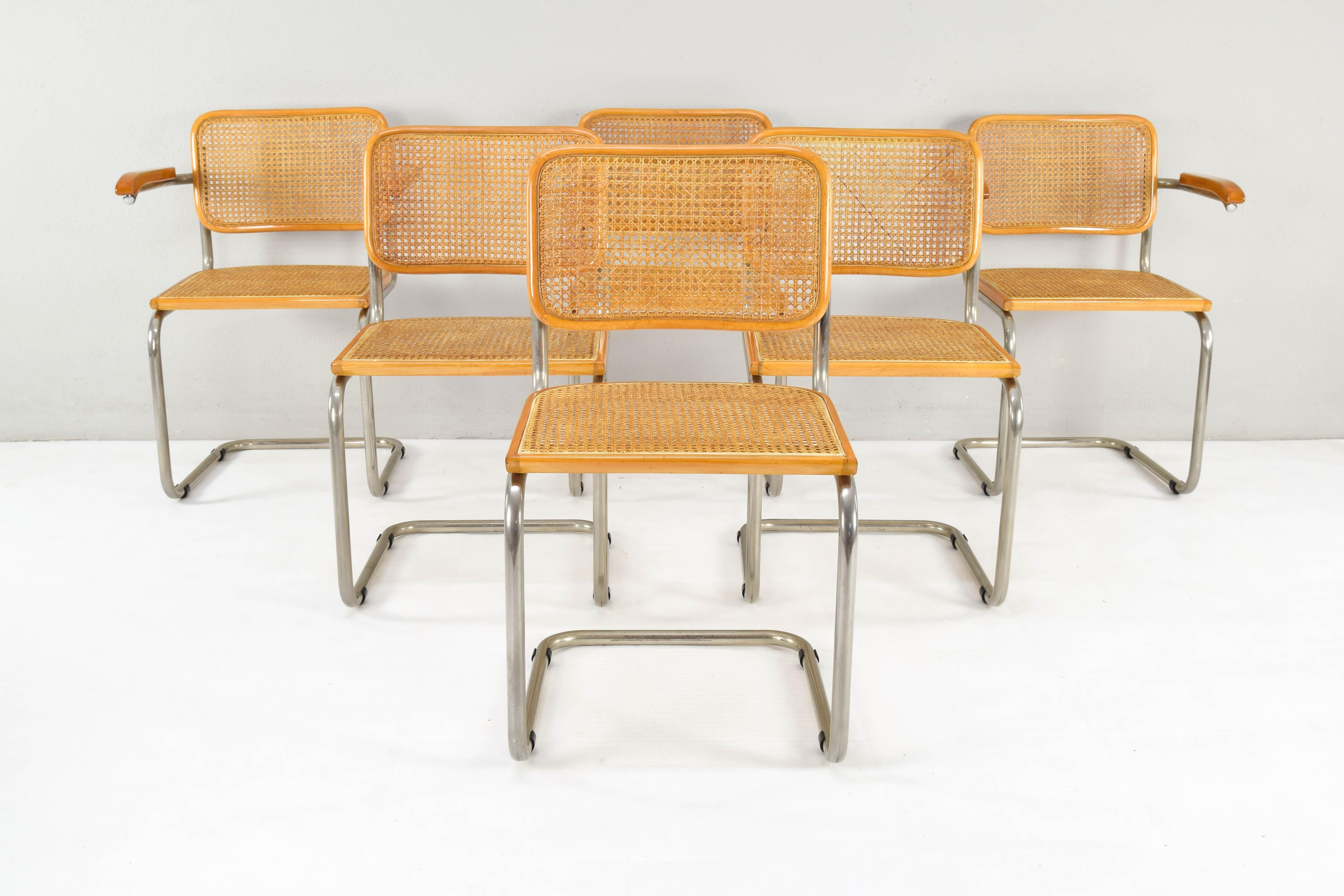 Bauhaus Set of Six Mid-Century Modern Marcel Breuer Cesca Chairs, Italy, 1970s