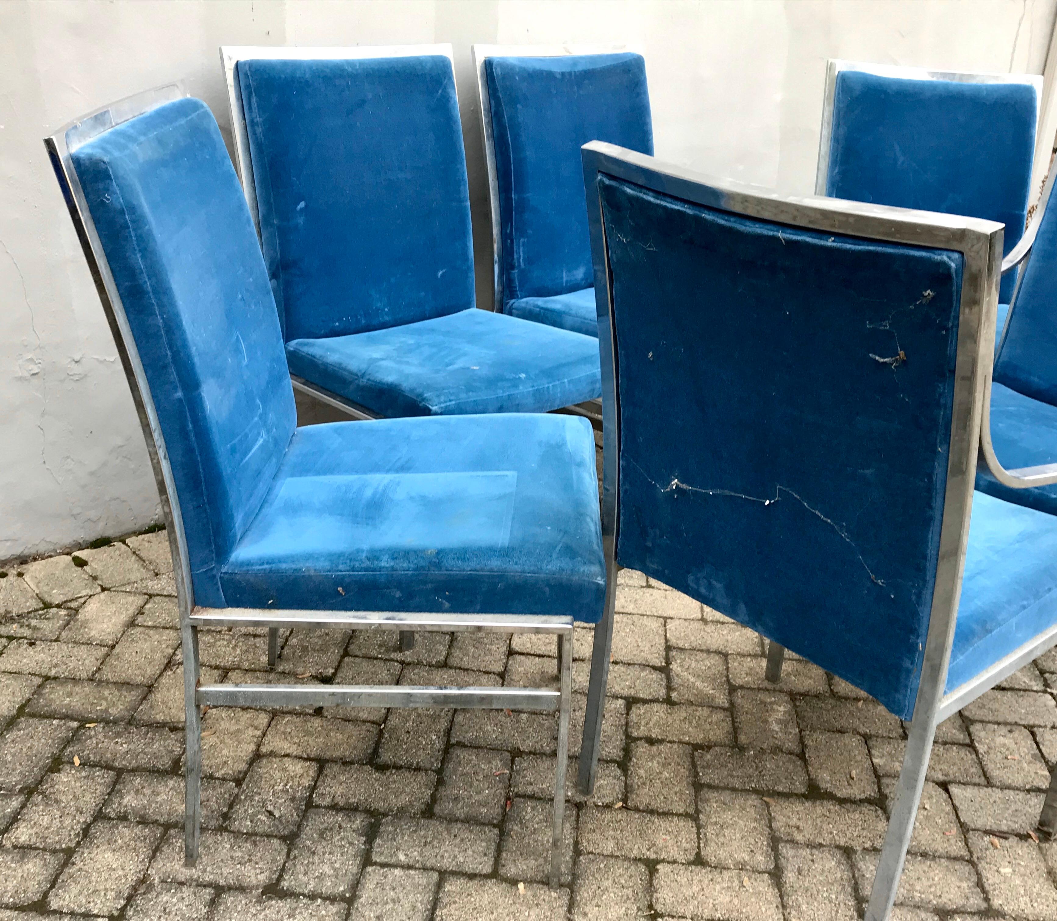 Set of Six Mid-Century Modern Pierre Cardin Chrome & Velvet Dining Chairs, 1970s In Fair Condition In Bedford Hills, NY