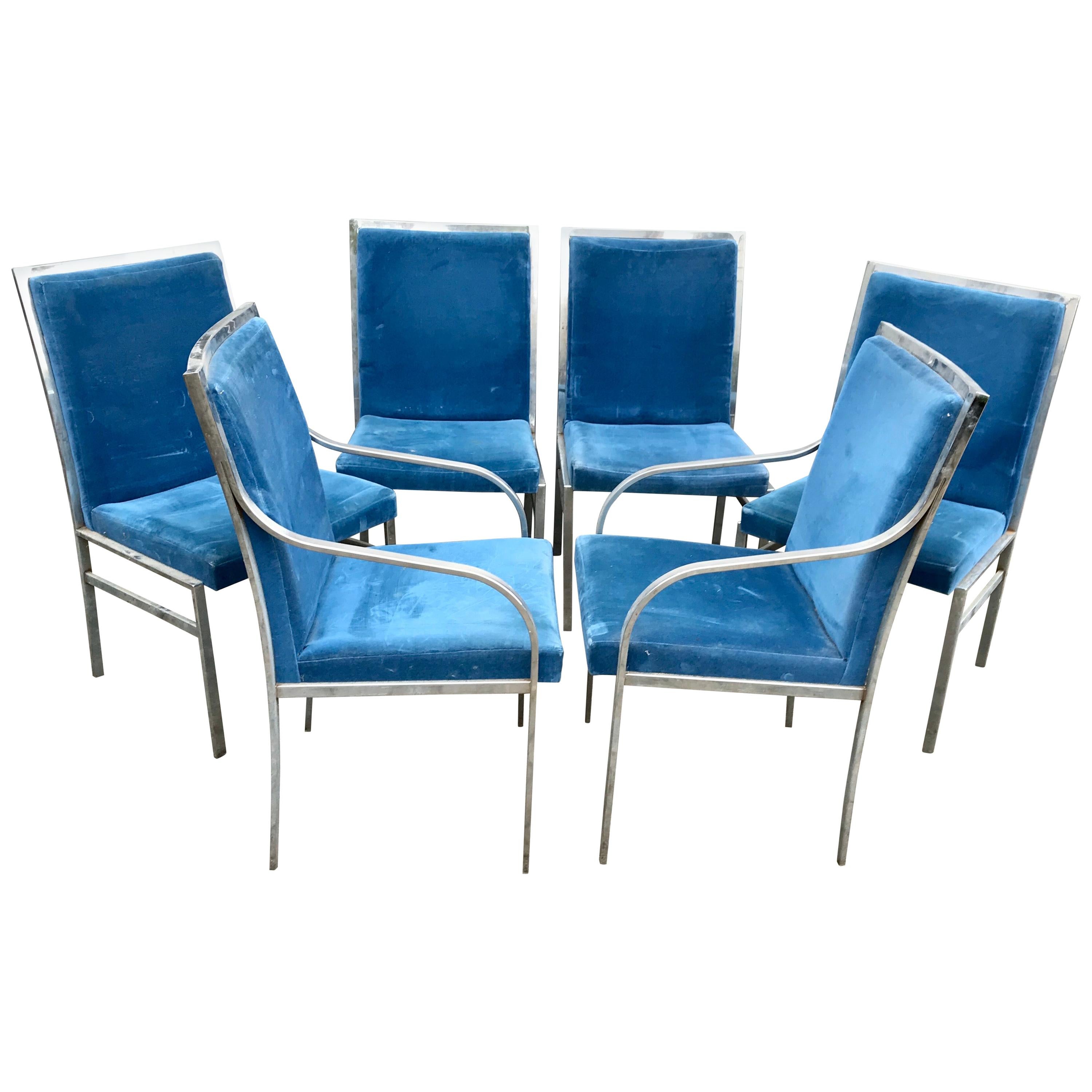 Set of Six Mid-Century Modern Pierre Cardin Chrome & Velvet Dining Chairs, 1970s