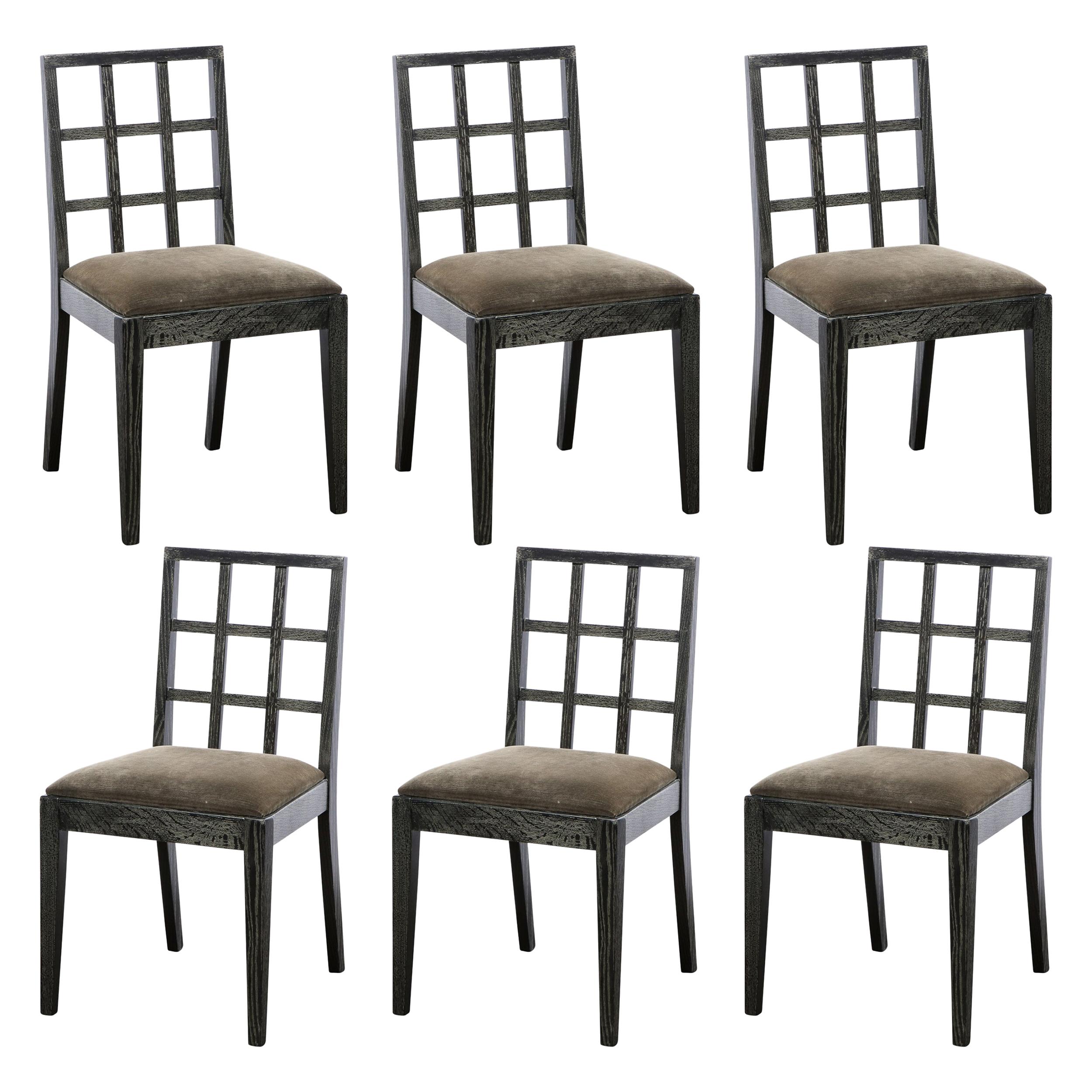 Set of Six Mid-Century Modern Silver Cerused Oak Dining Chairs by Eugene Schoen For Sale