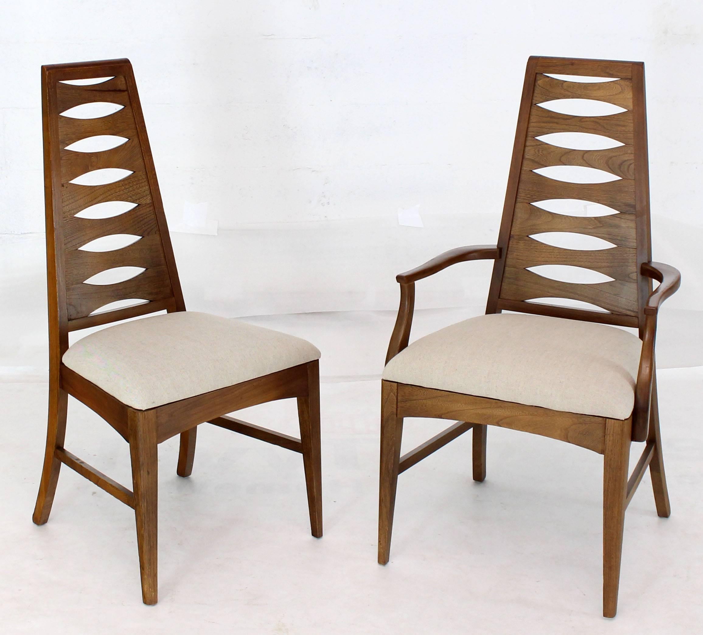 Set of six new linen upholstery walnut finish Mid-Century Modern dining chairs.