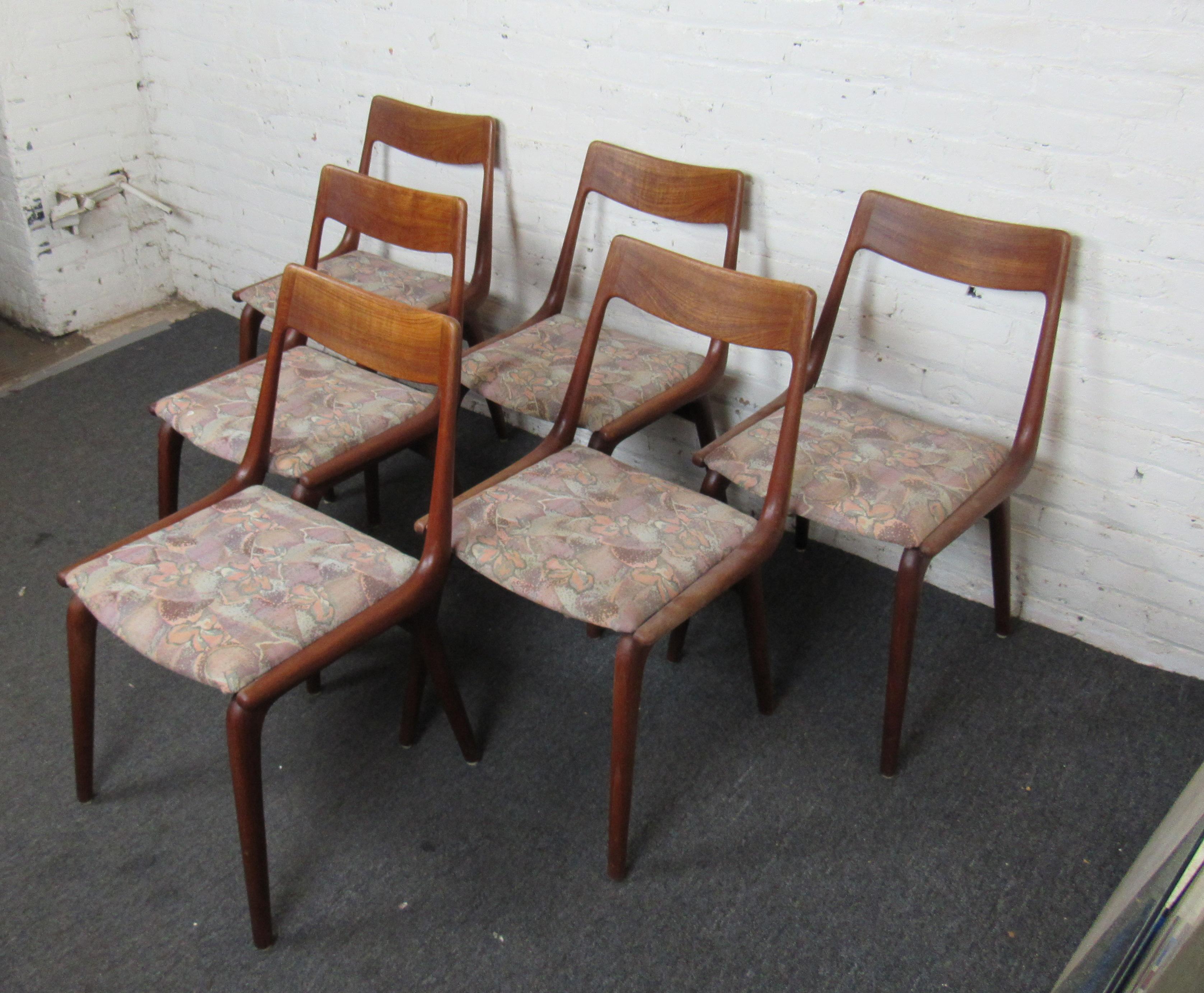 Set of 6 Danish designed and made chairs. These unique chairs have a teak frame and flower fabric seat. 
(Please confirm item location - NY or NJ - with dealer).
 
