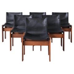 Set of Six Midcentury 'Monk' Leather & Walnut Dining Chairs by Scarpa