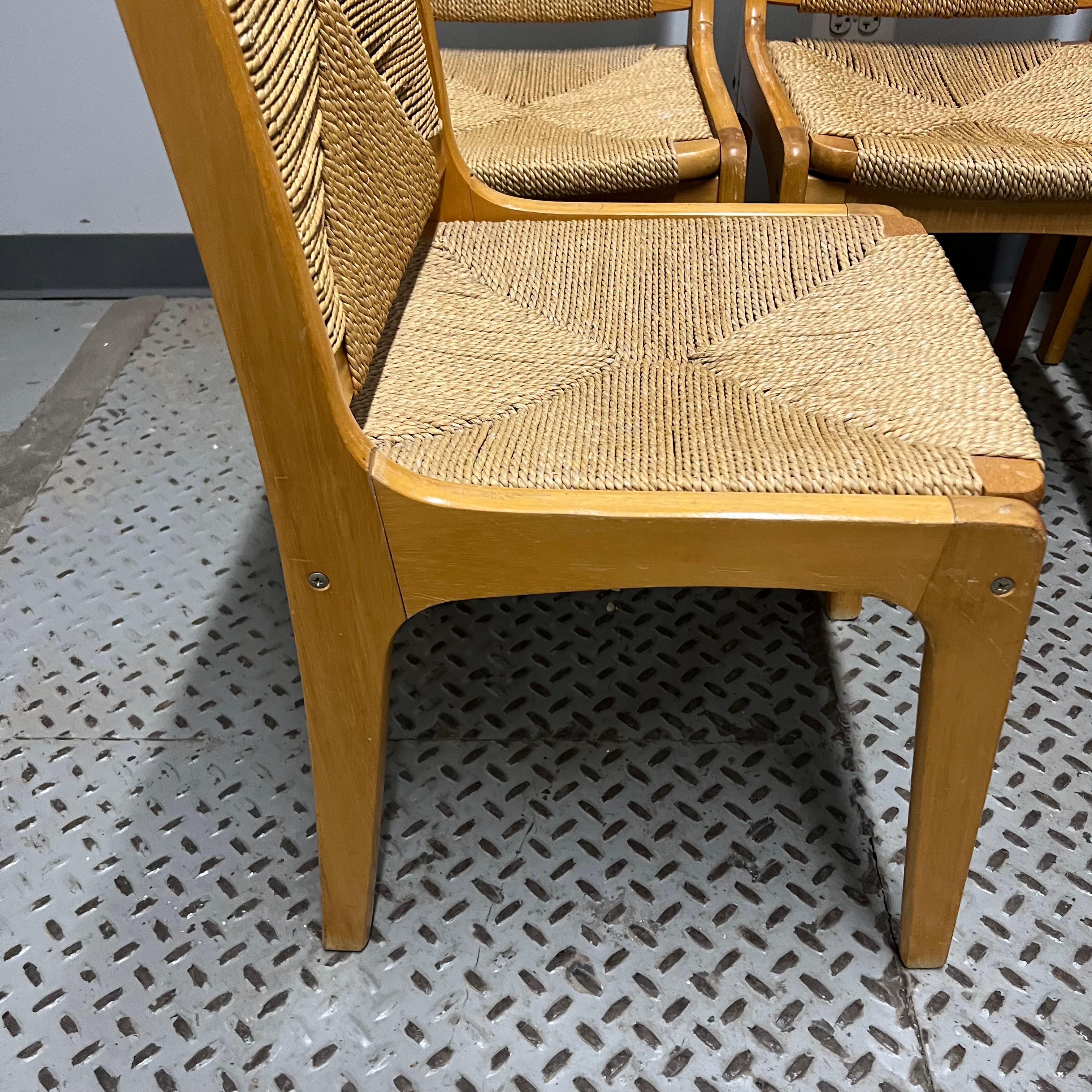 Hand-Woven Set of Six Mid-Century Oak and Woven Rush Dining Chairs For Sale