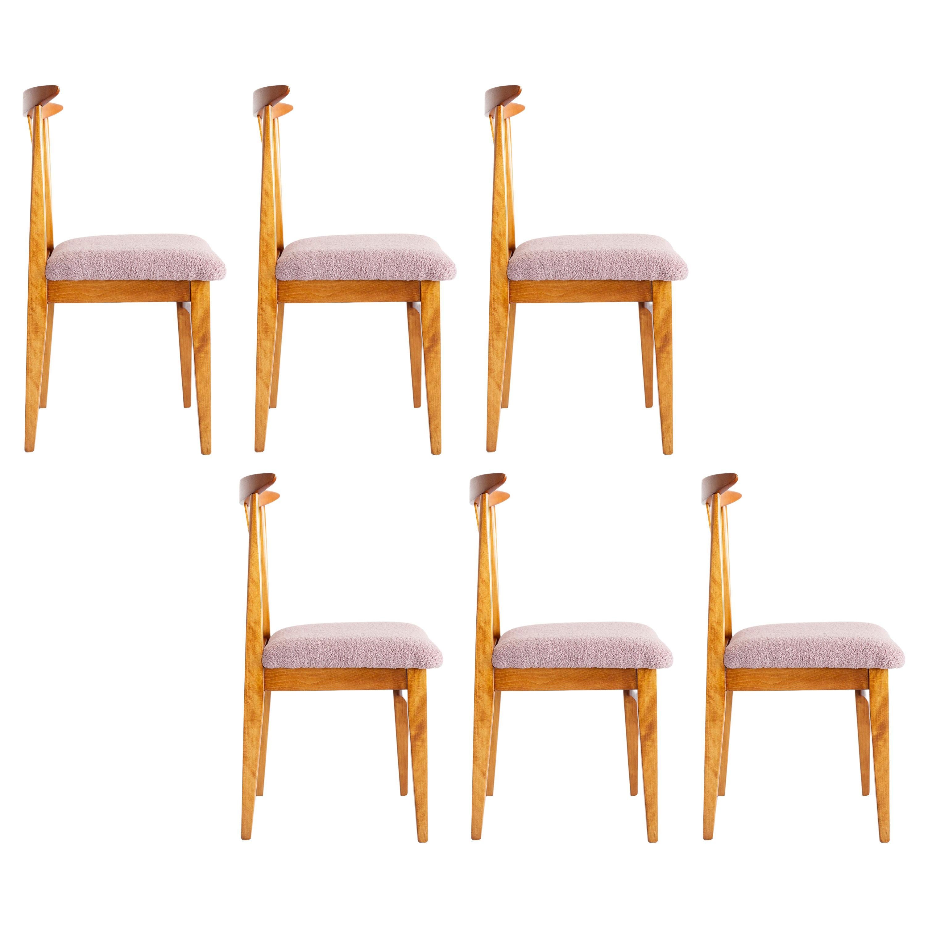 Set of Six Mid-Century Pink Boucle Chairs, by Zielinski, Poland, 1960s For Sale