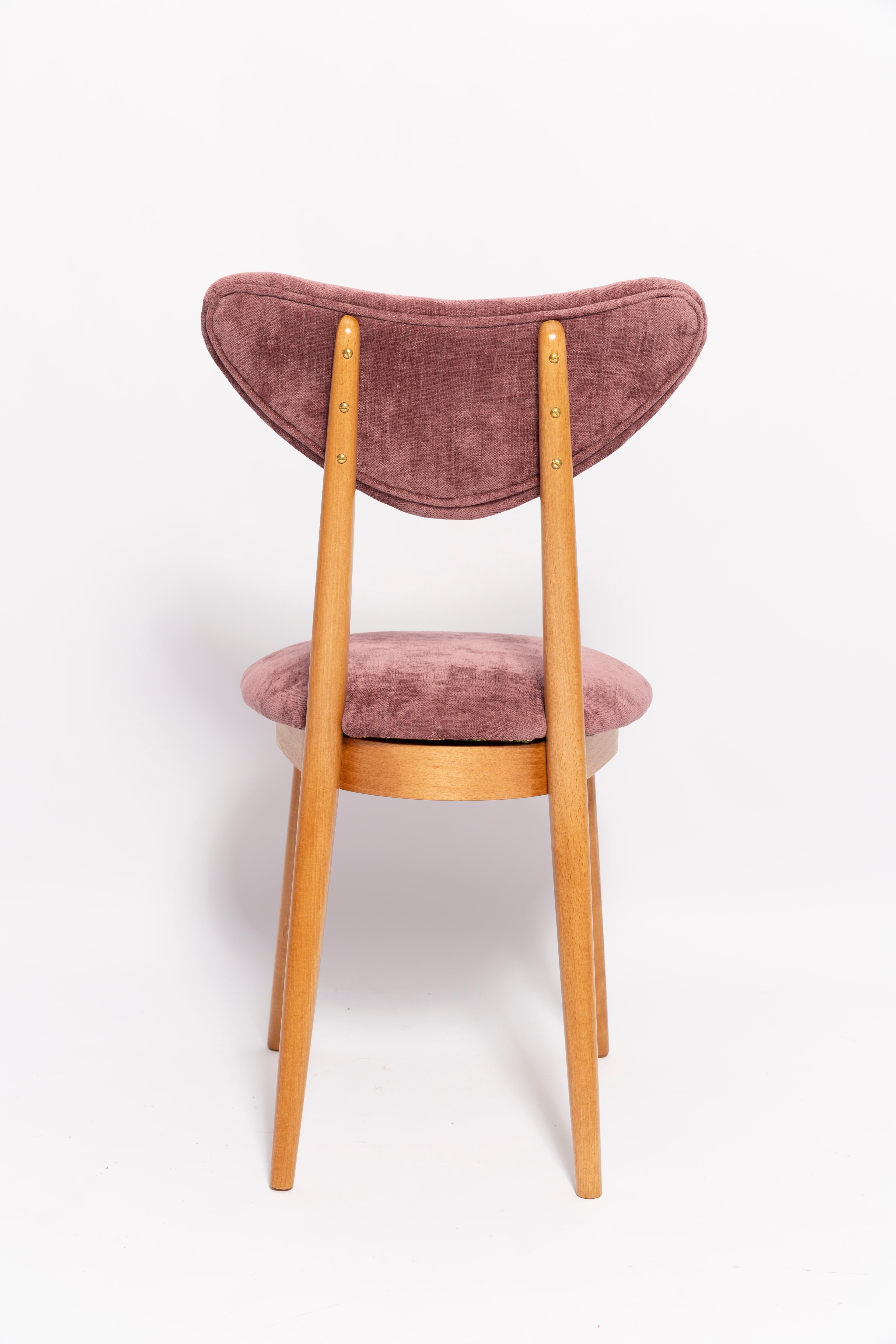 Set of Six Mid Century Plum Violet Velvet, Light Wood Heart Chairs, Europe, 1960 For Sale 4