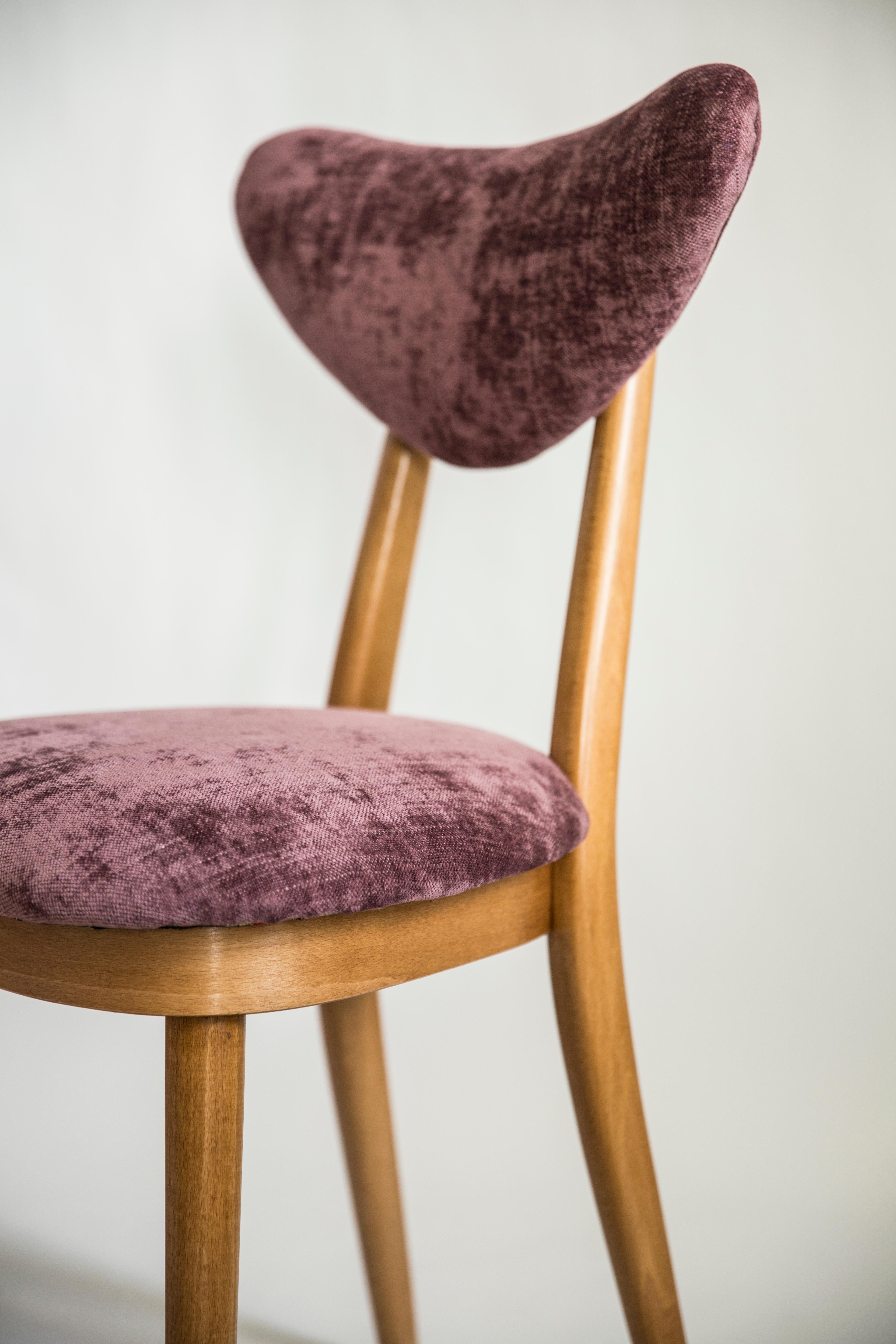 Mid-Century Modern Set of Six Mid Century Plum Violet Velvet, Light Wood Heart Chairs, Europe, 1960 For Sale