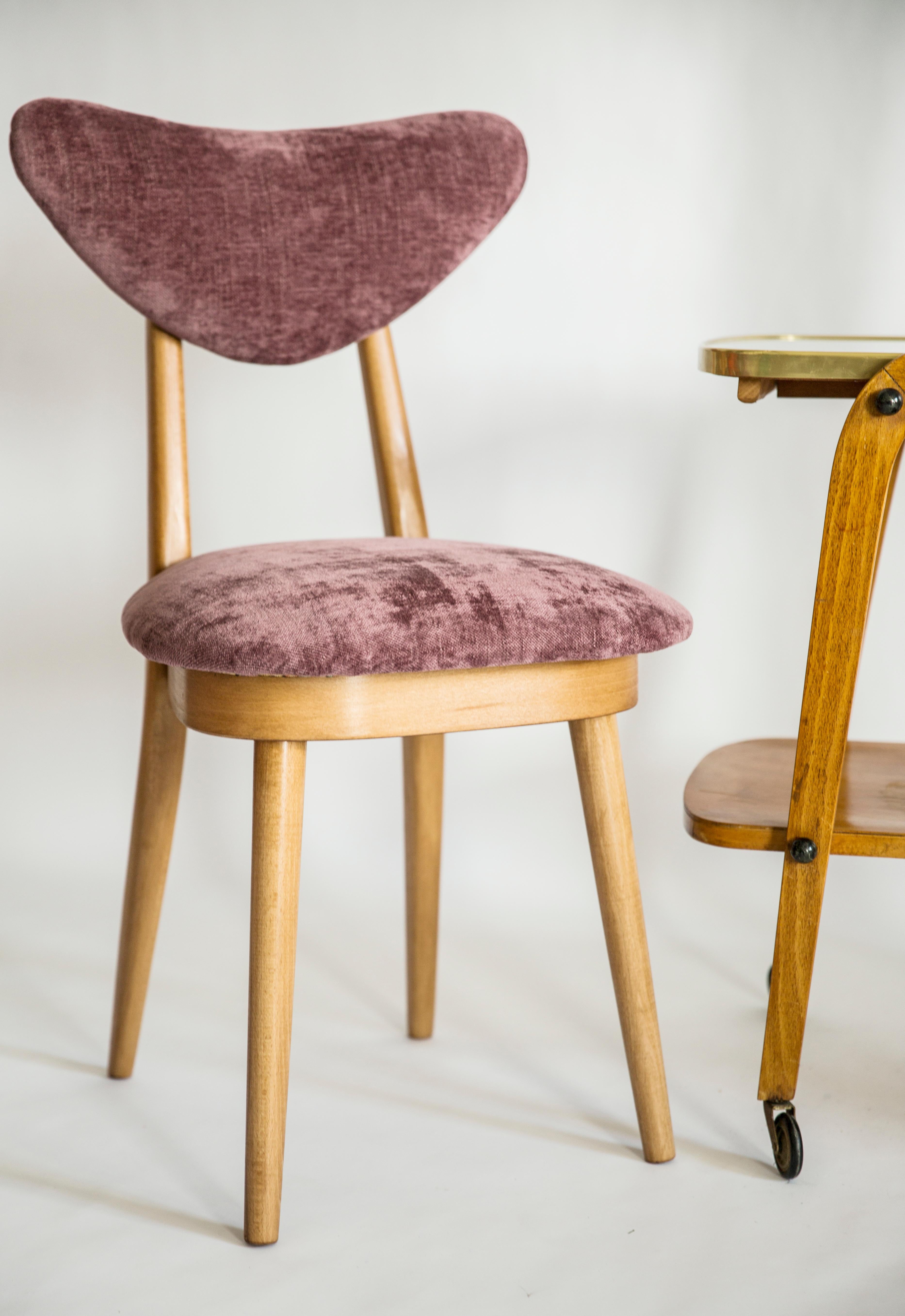 Hand-Crafted Set of Six Mid Century Plum Violet Velvet, Light Wood Heart Chairs, Europe, 1960 For Sale