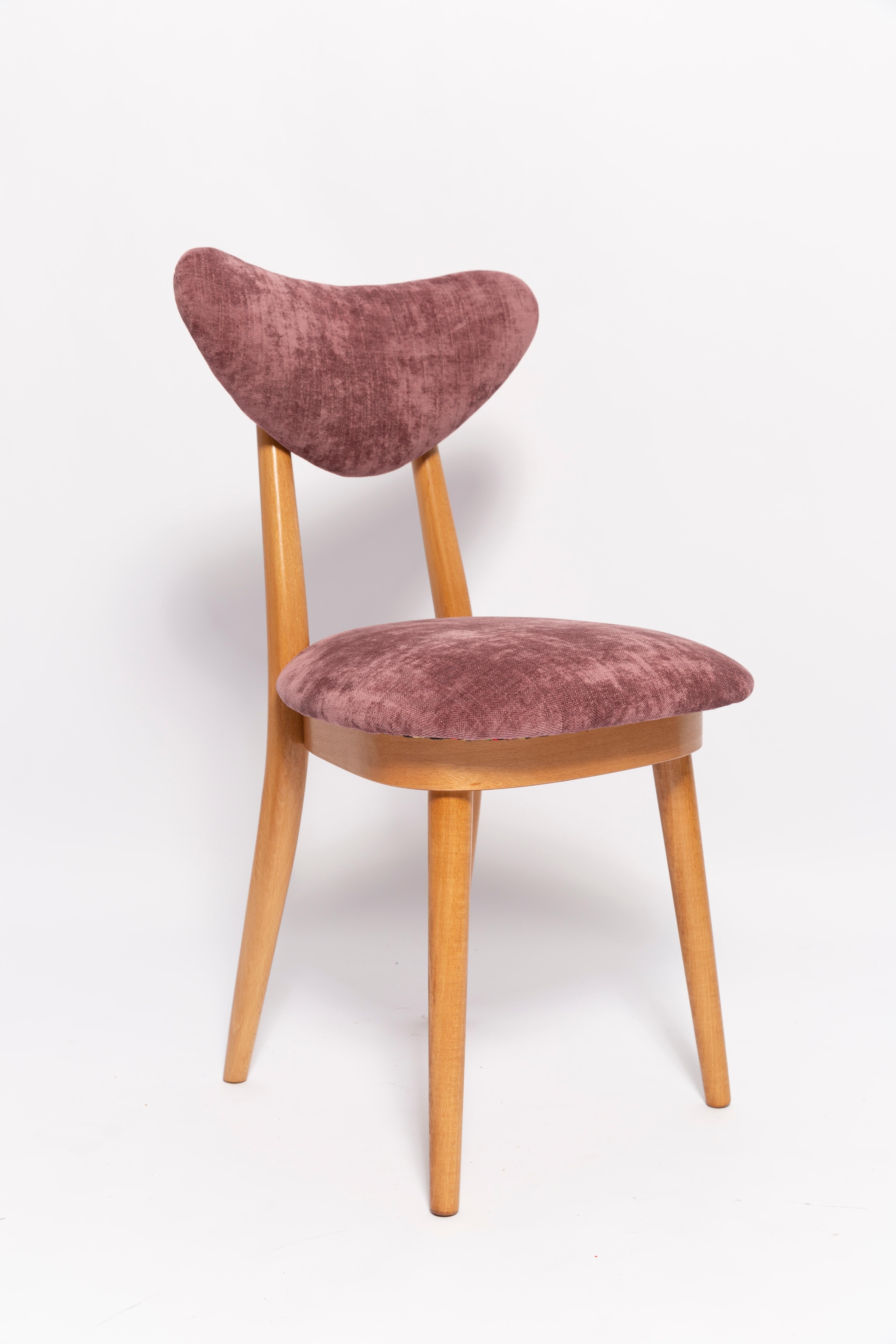 20th Century Set of Six Mid Century Plum Violet Velvet, Light Wood Heart Chairs, Europe, 1960 For Sale