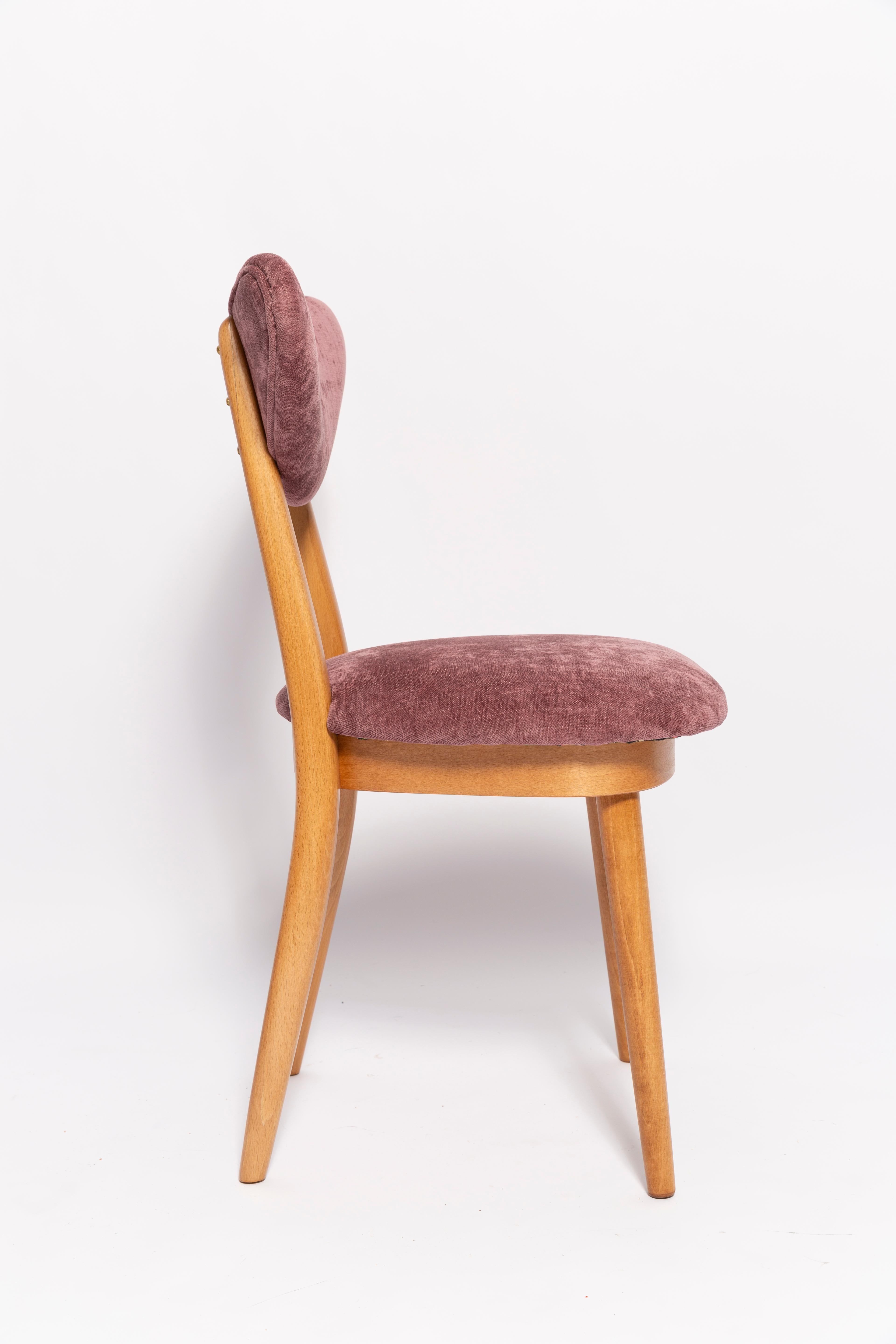 Set of Six Mid Century Plum Violet Velvet, Light Wood Heart Chairs, Europe, 1960 For Sale 1