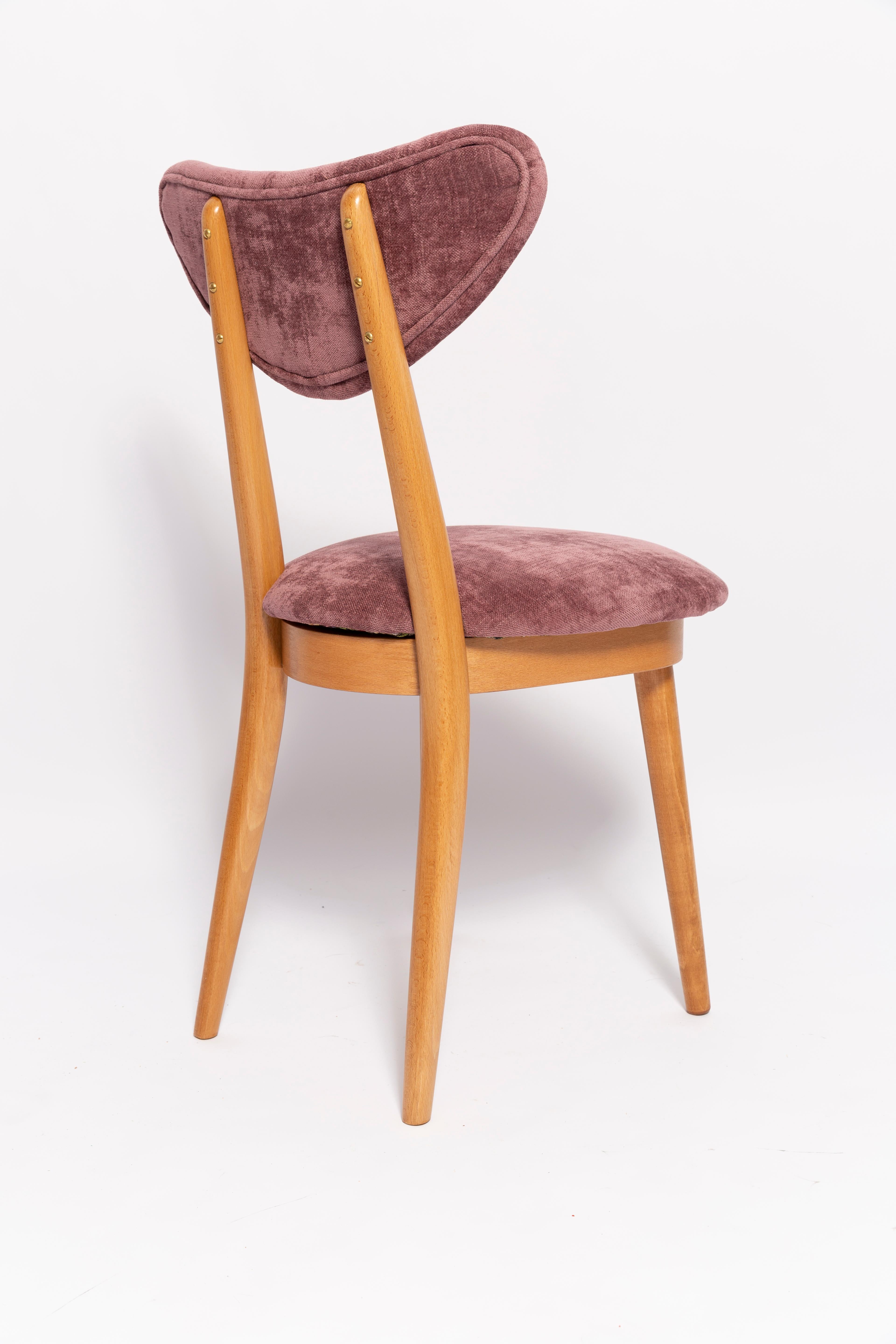 Set of Six Mid Century Plum Violet Velvet, Light Wood Heart Chairs, Europe, 1960 For Sale 2