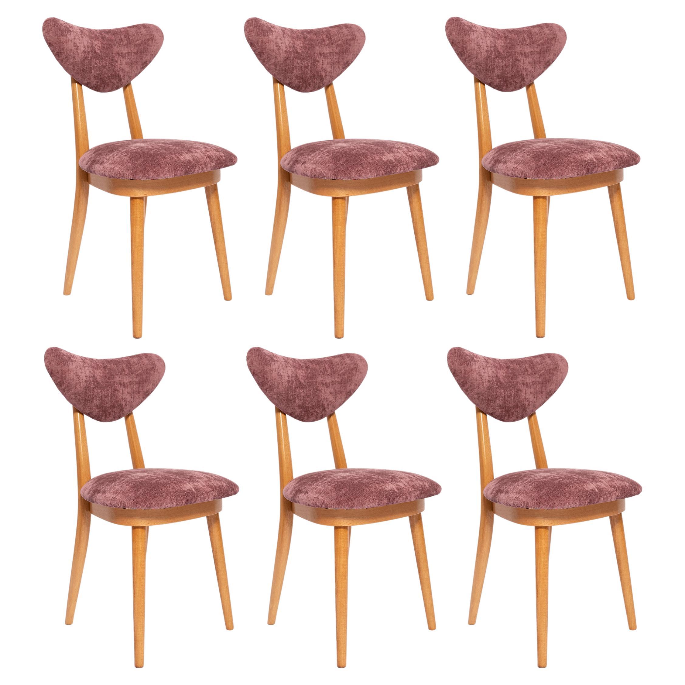 Set of Six Mid Century Plum Violet Velvet, Light Wood Heart Chairs, Europe, 1960 For Sale
