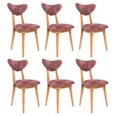 Set of Six Mid Century Plum Violet Velvet, Light Wood Heart Chairs, Europe, 1960