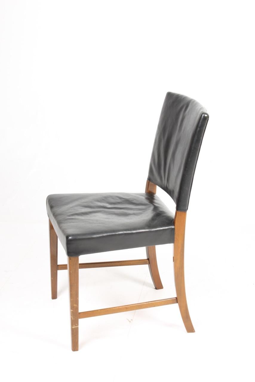 Danish Set of Six Midcentury Side Chairs in Patinated Leather, Made in Denmark For Sale