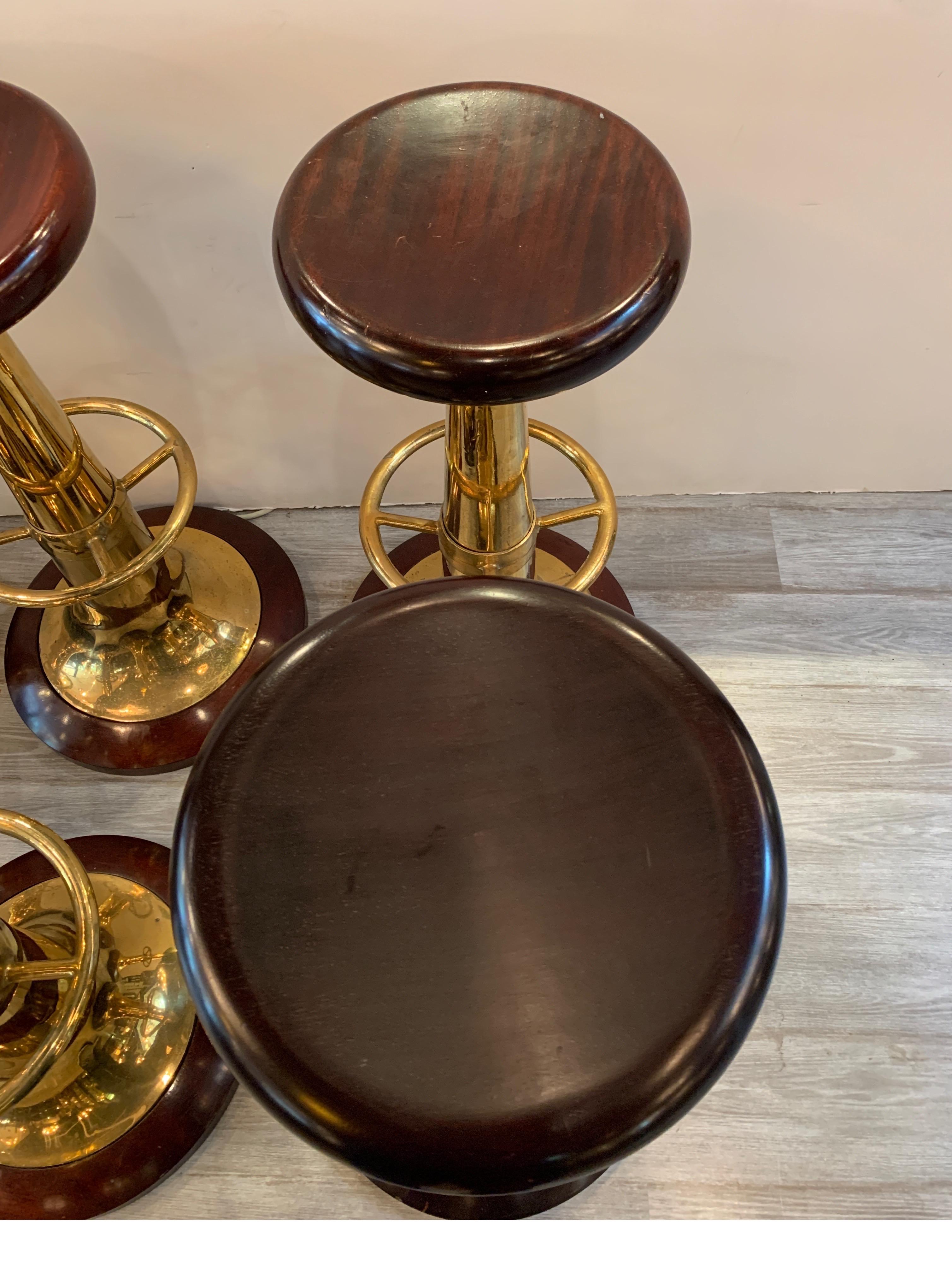 Set of Six Midcentury Solid Mahogany and Brass Nautical Bar Stools 7