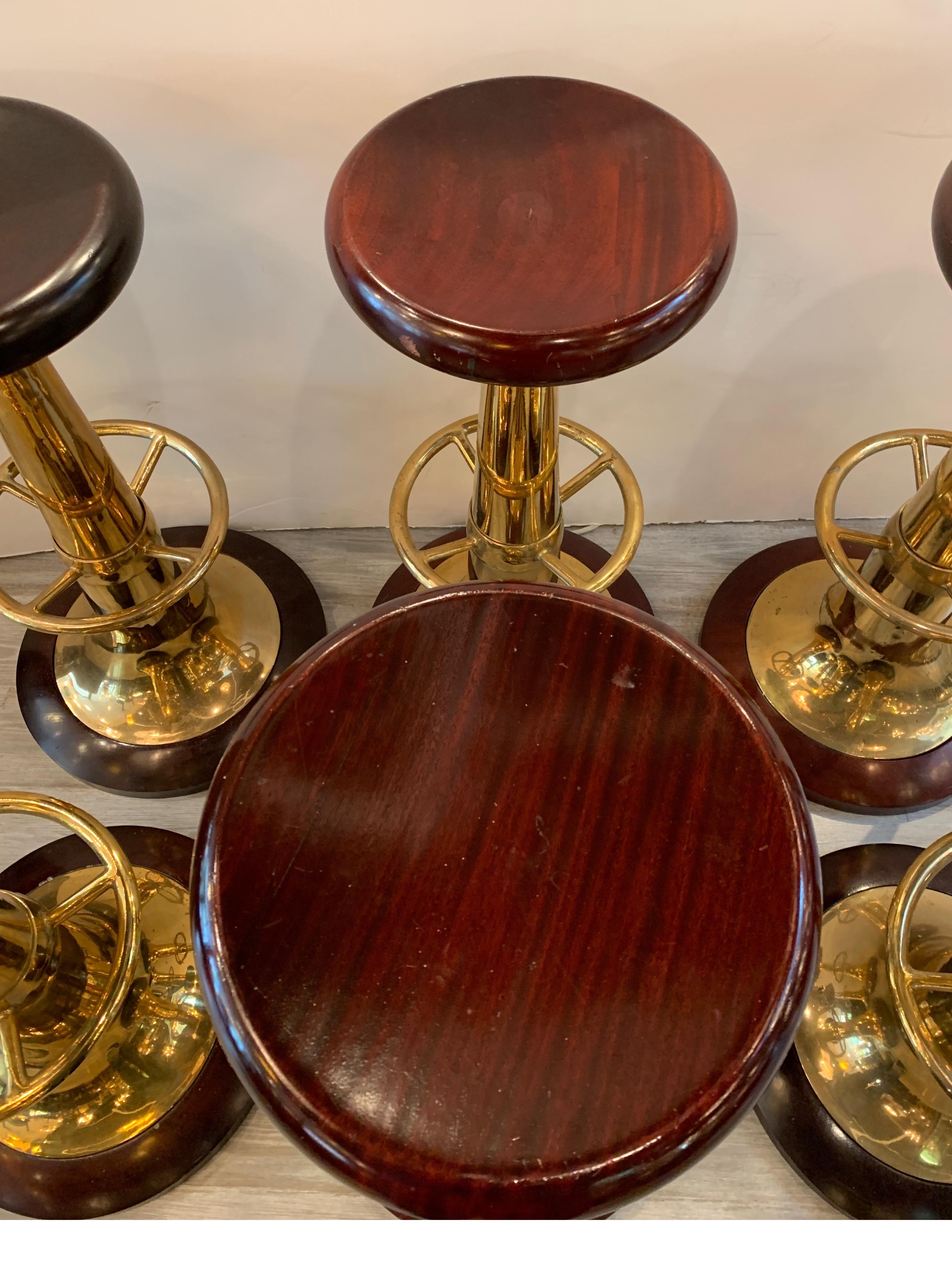 Set of Six Midcentury Solid Mahogany and Brass Nautical Bar Stools 8