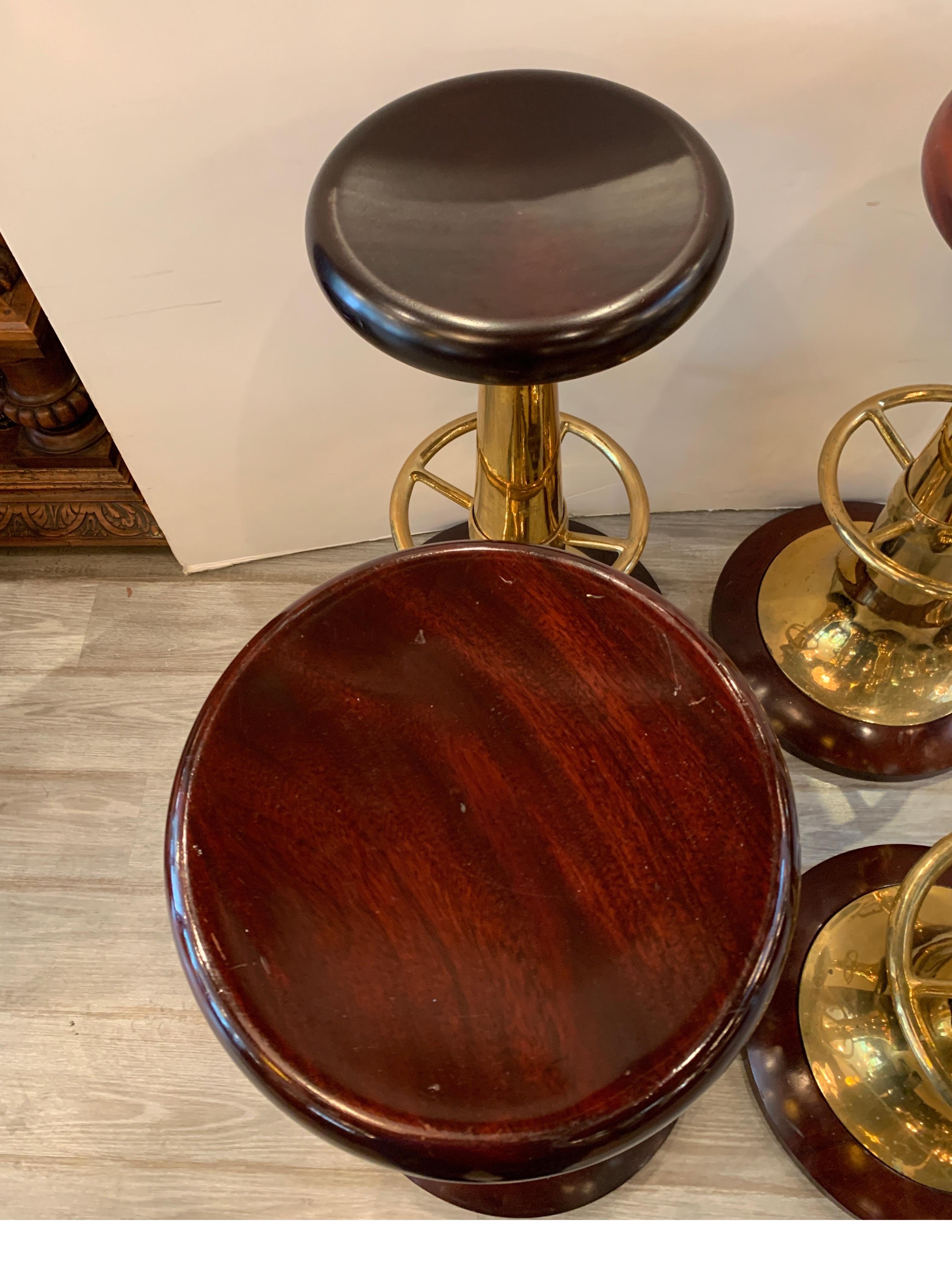 Set of Six Midcentury Solid Mahogany and Brass Nautical Bar Stools 9