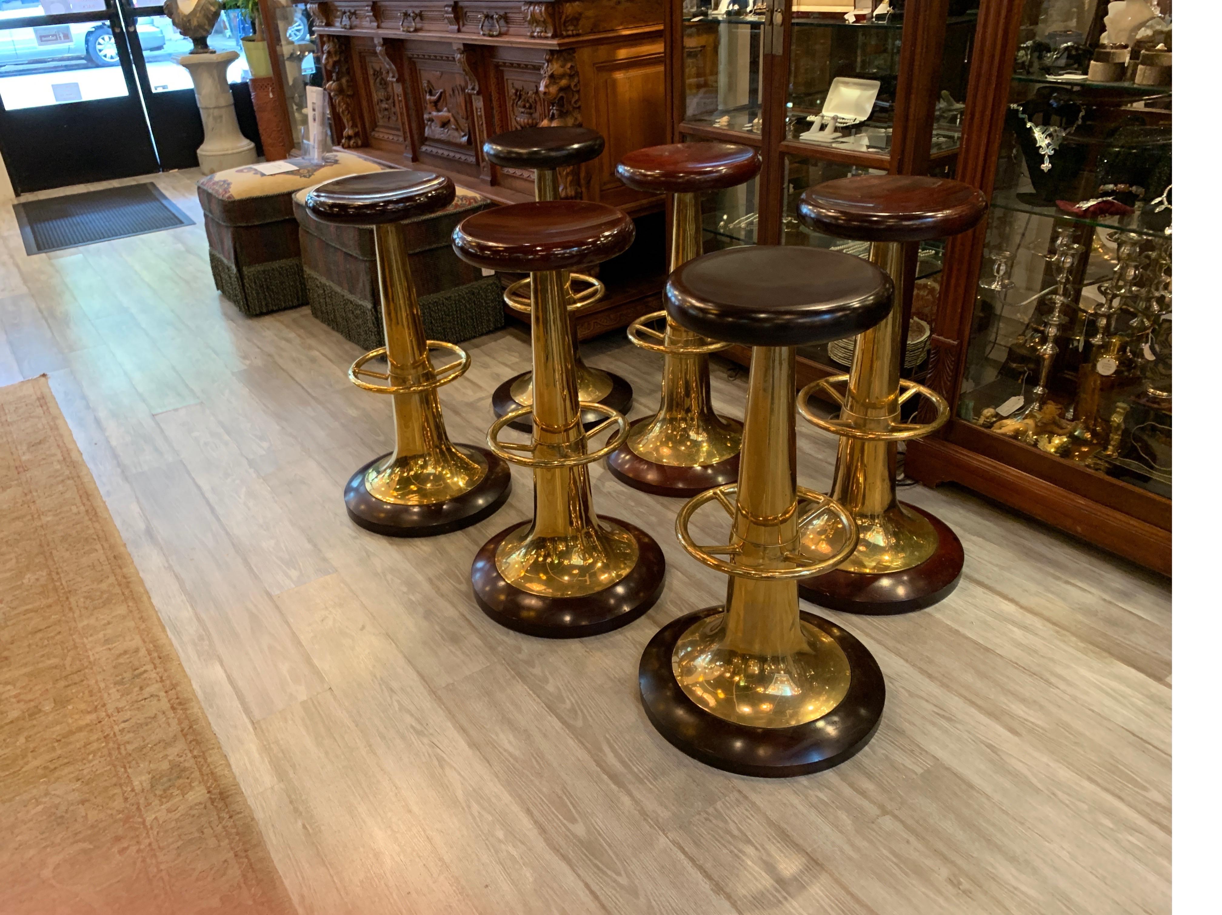 Set of Six Midcentury Solid Mahogany and Brass Nautical Bar Stools 10