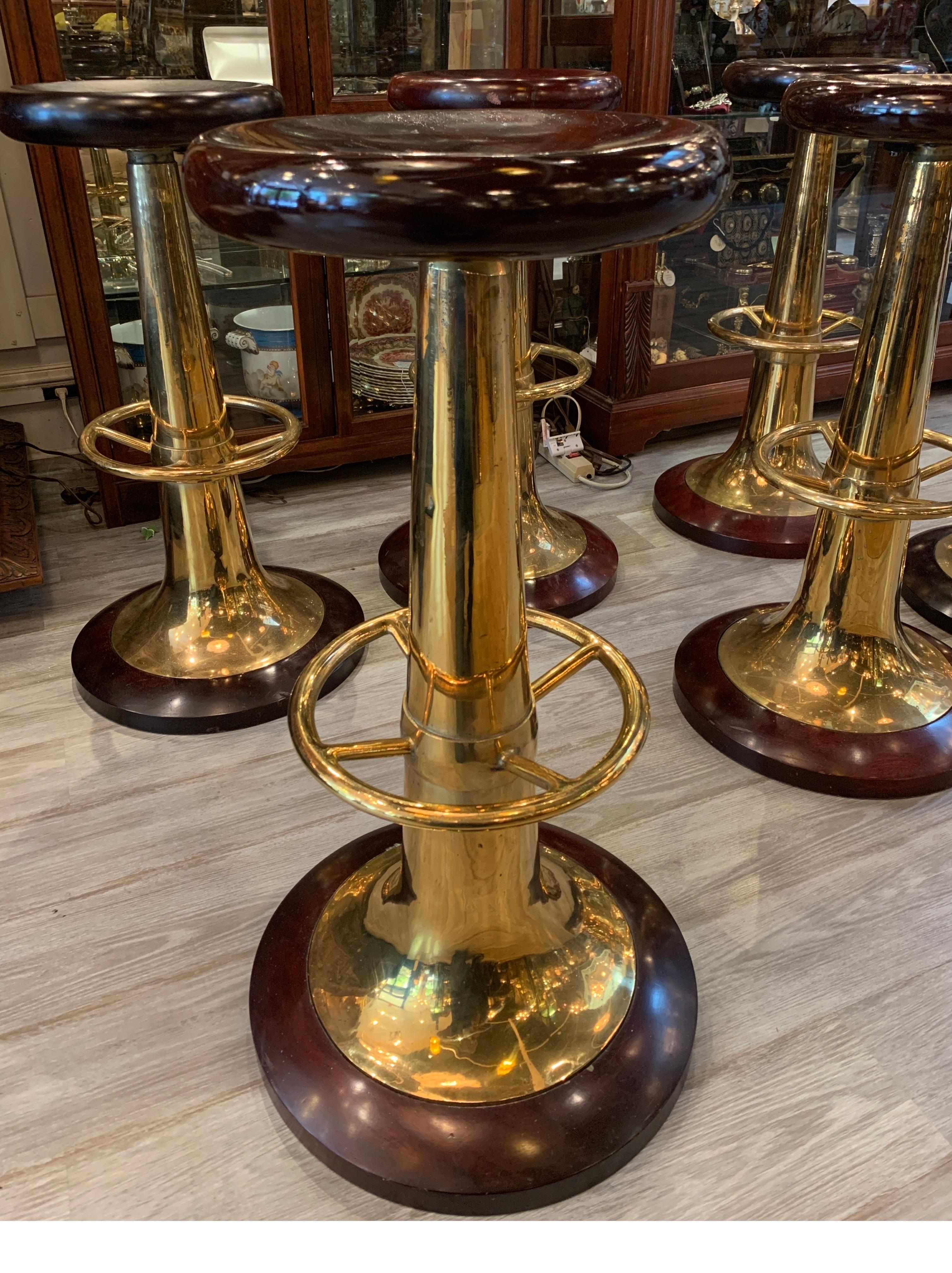 Set of Six Midcentury Solid Mahogany and Brass Nautical Bar Stools 11