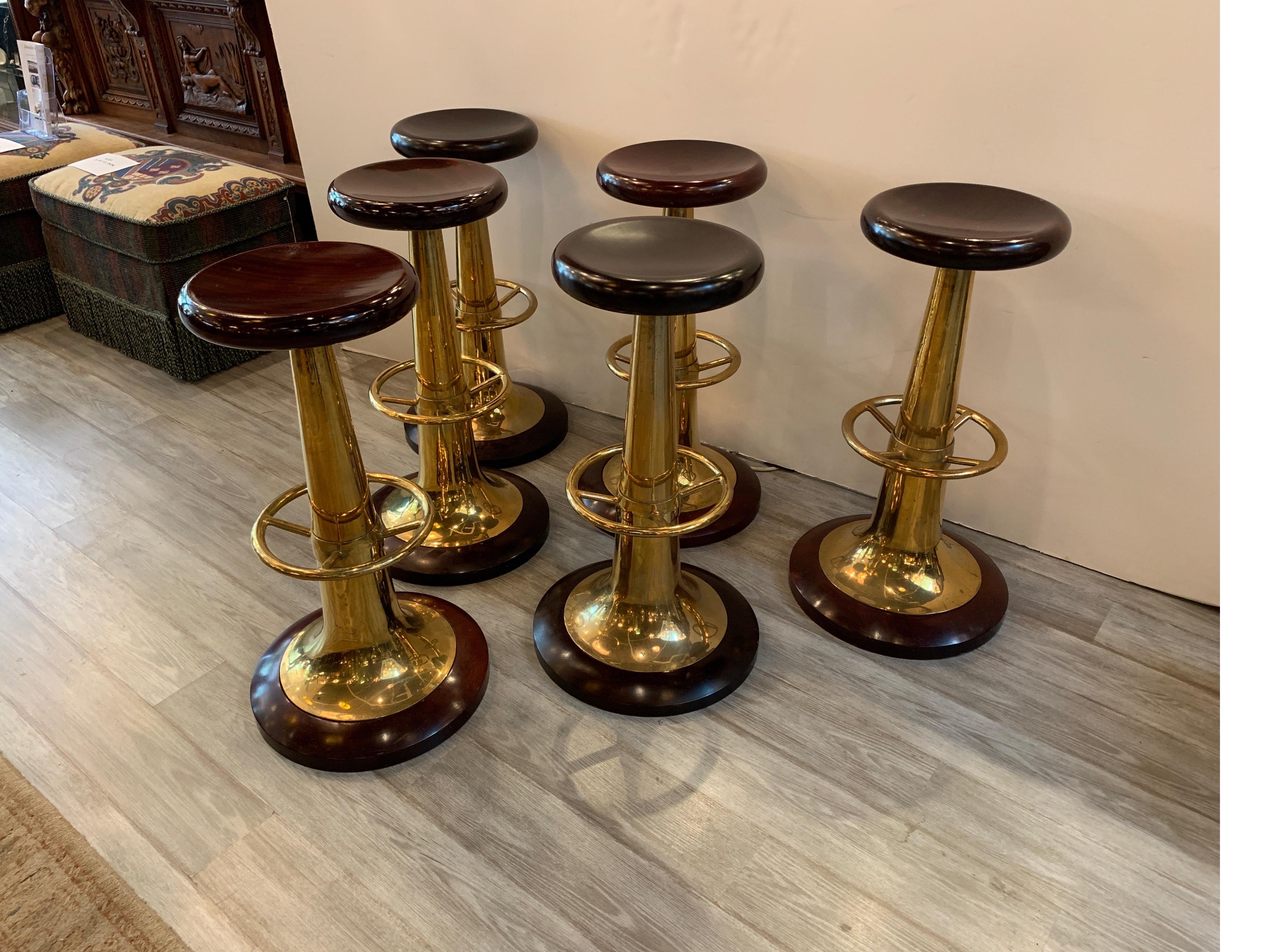 Set of Six Midcentury Solid Mahogany and Brass Nautical Bar Stools In Good Condition In Lambertville, NJ