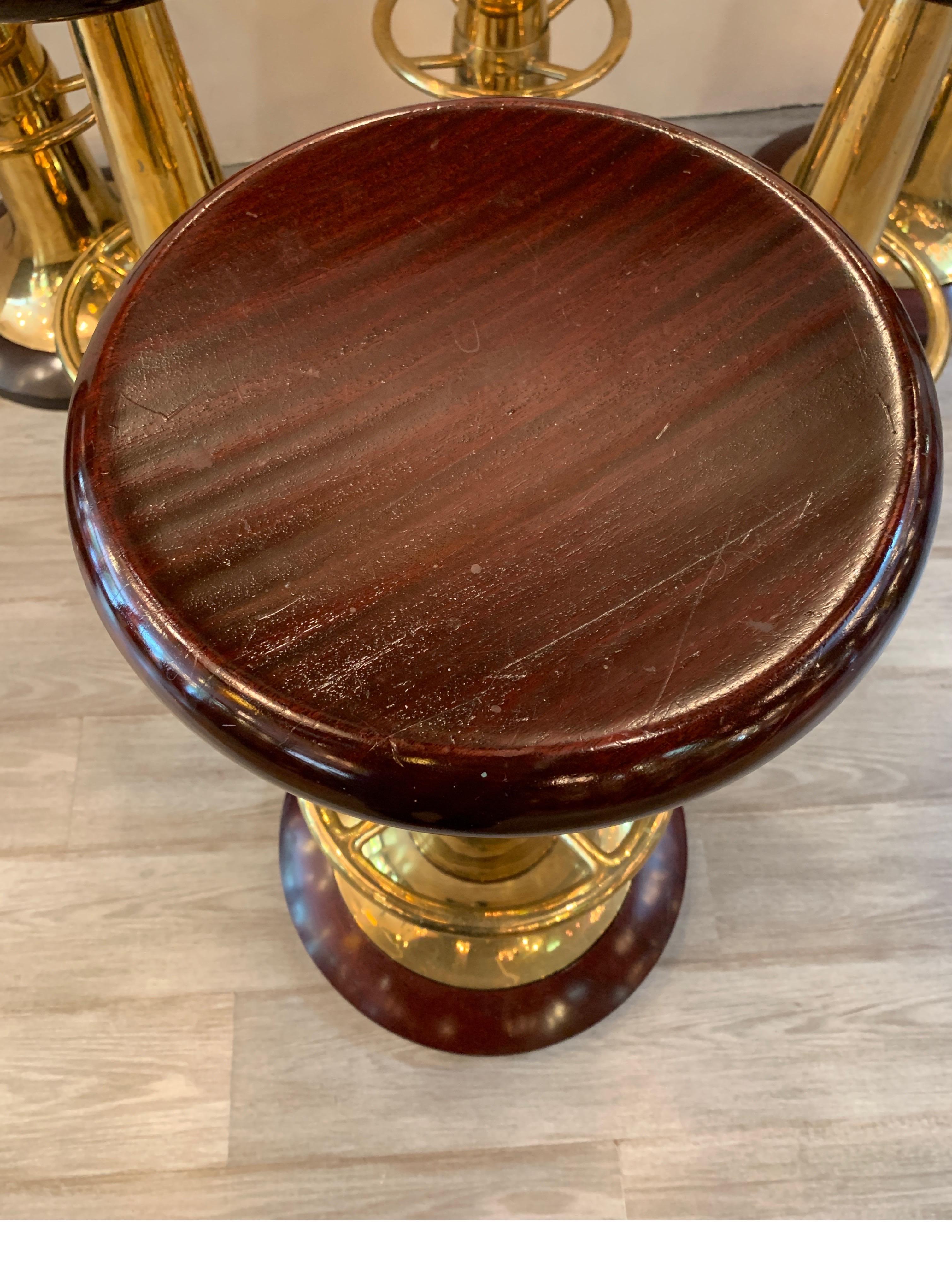 20th Century Set of Six Midcentury Solid Mahogany and Brass Nautical Bar Stools