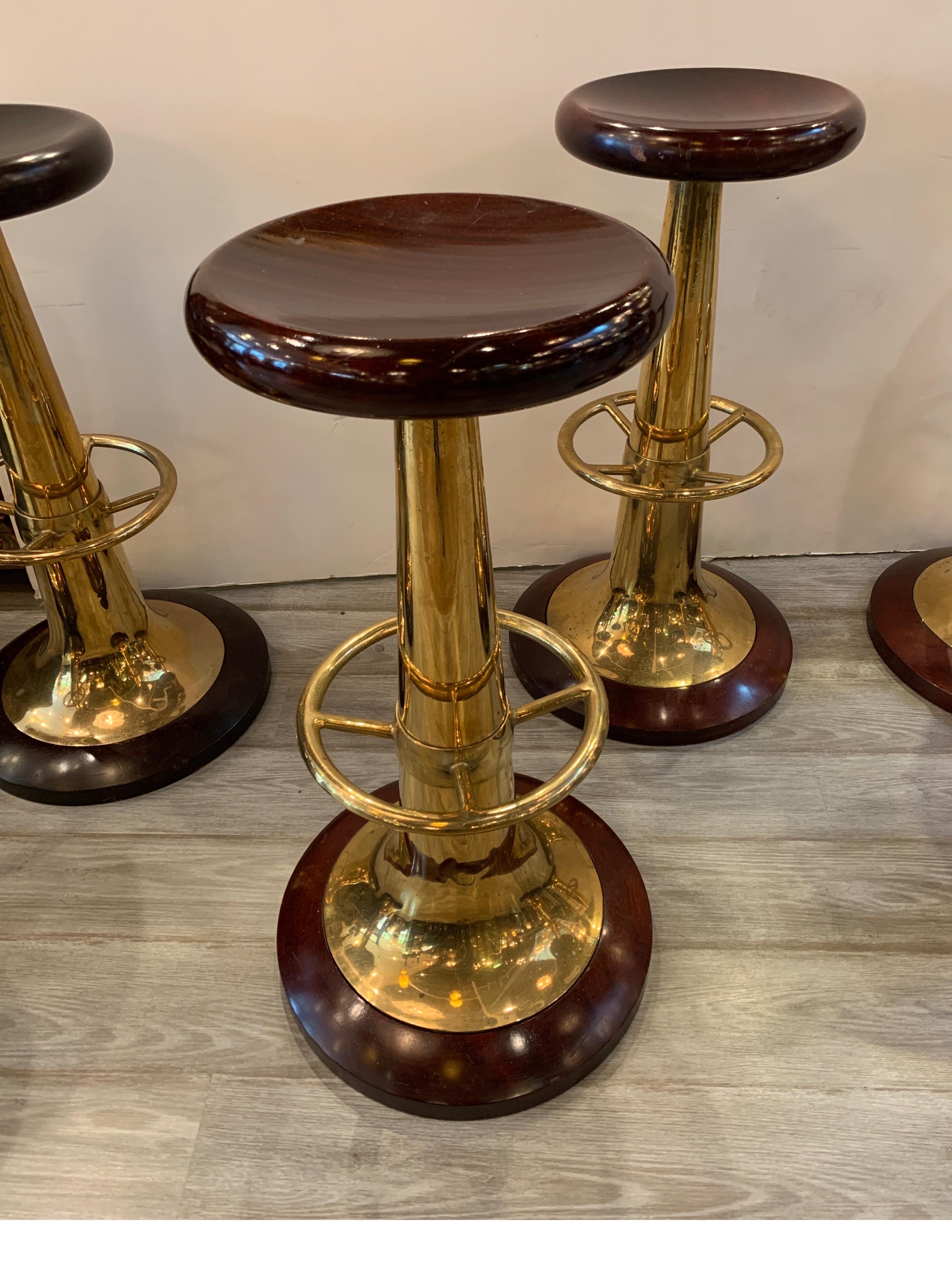 Set of Six Midcentury Solid Mahogany and Brass Nautical Bar Stools 1
