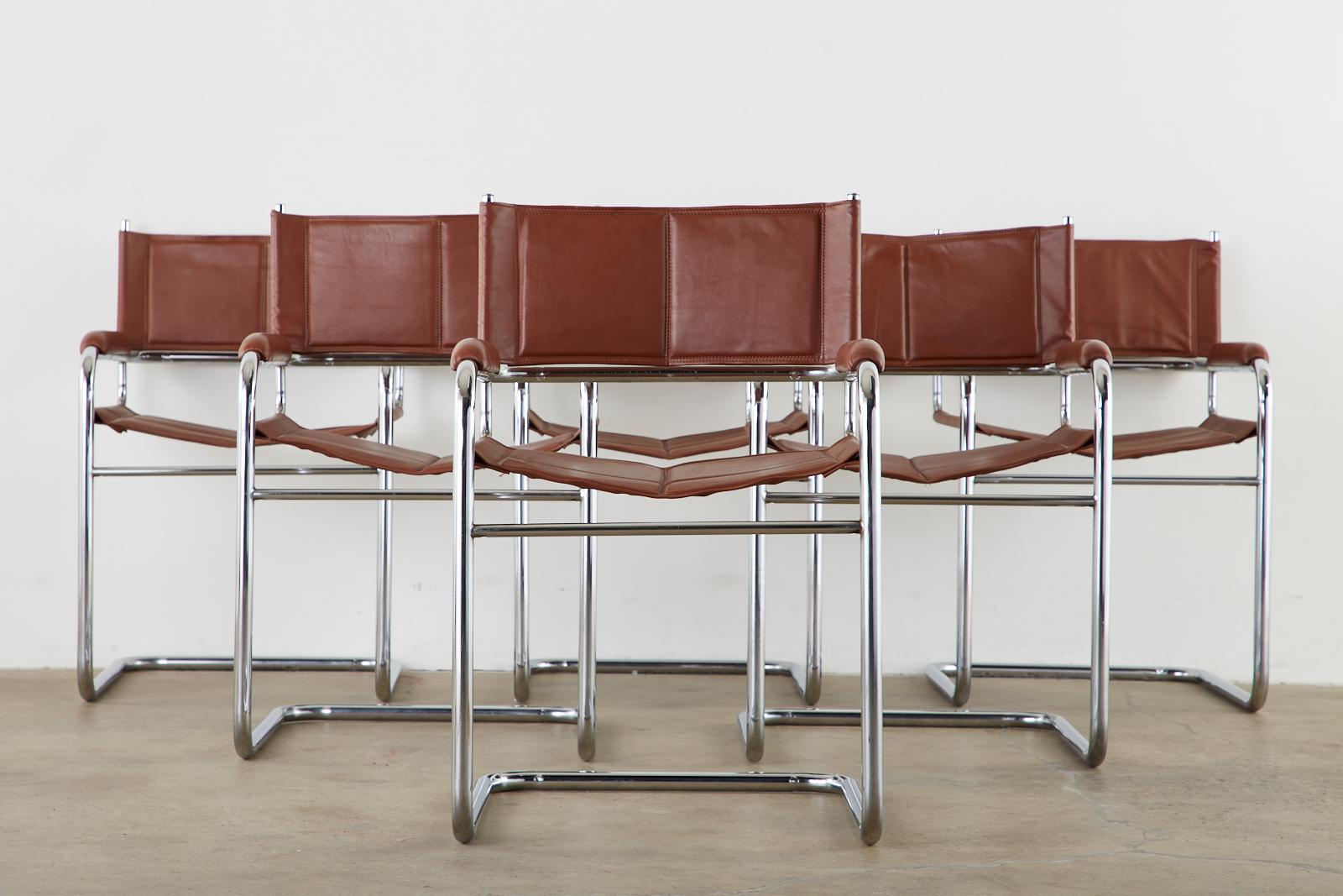 Hand-Crafted Set of Six Midcentury Style Italian Chrome Leather Cantilever Chairs