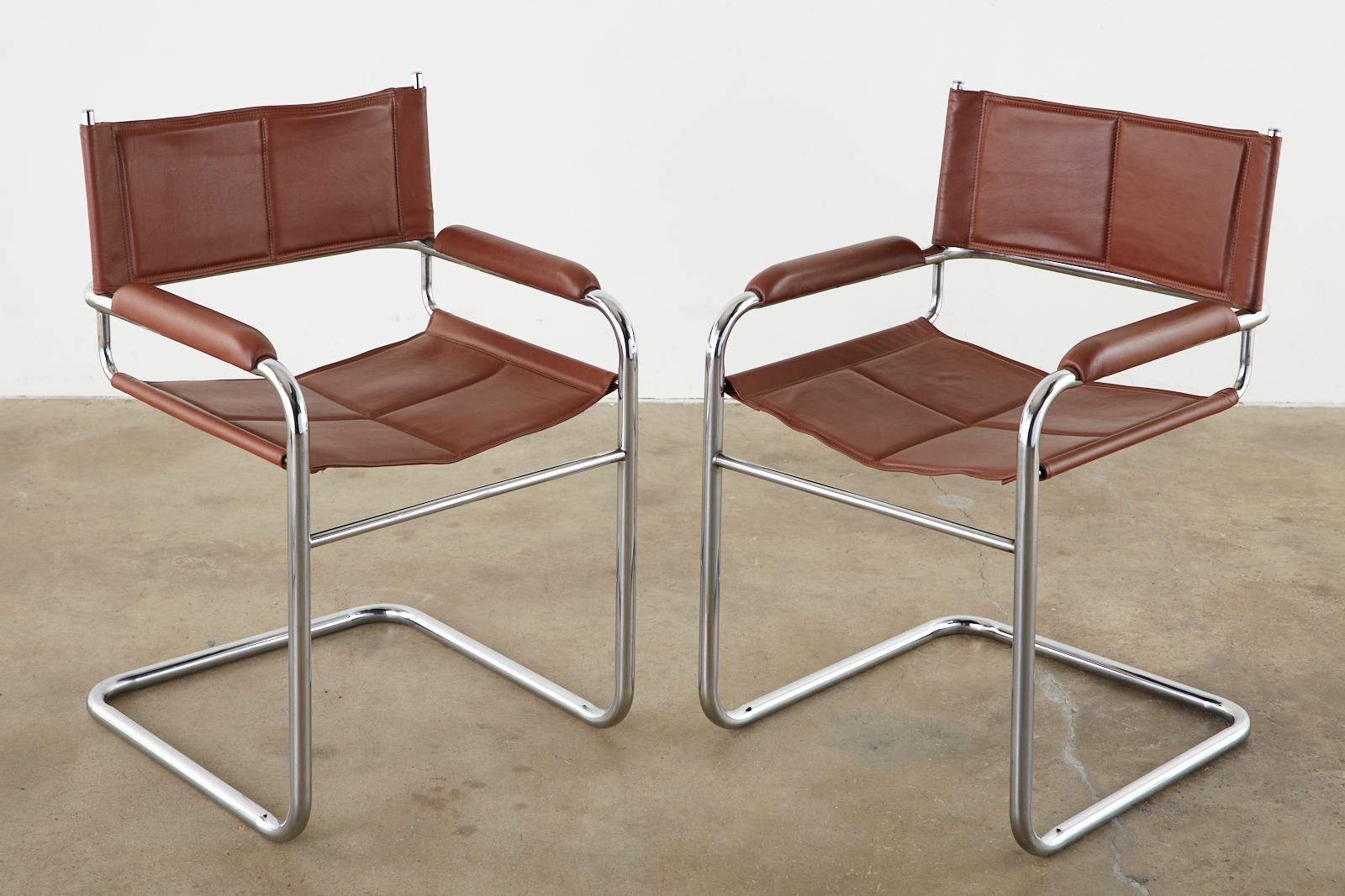 Set of Six Midcentury Style Italian Chrome Leather Cantilever Chairs In Good Condition In Rio Vista, CA