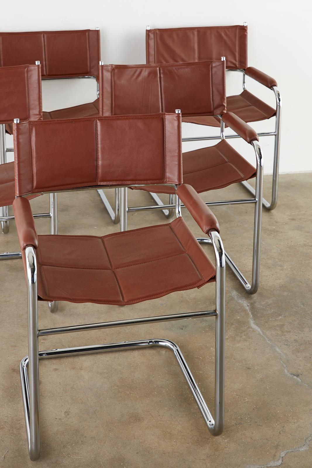 Steel Set of Six Midcentury Style Italian Chrome Leather Cantilever Chairs