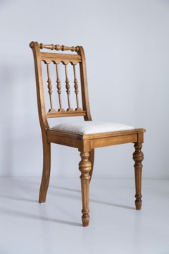 Set of Six Mid Century Unique Chairs, White Chenille, Oak Wood, Europe, 1960s