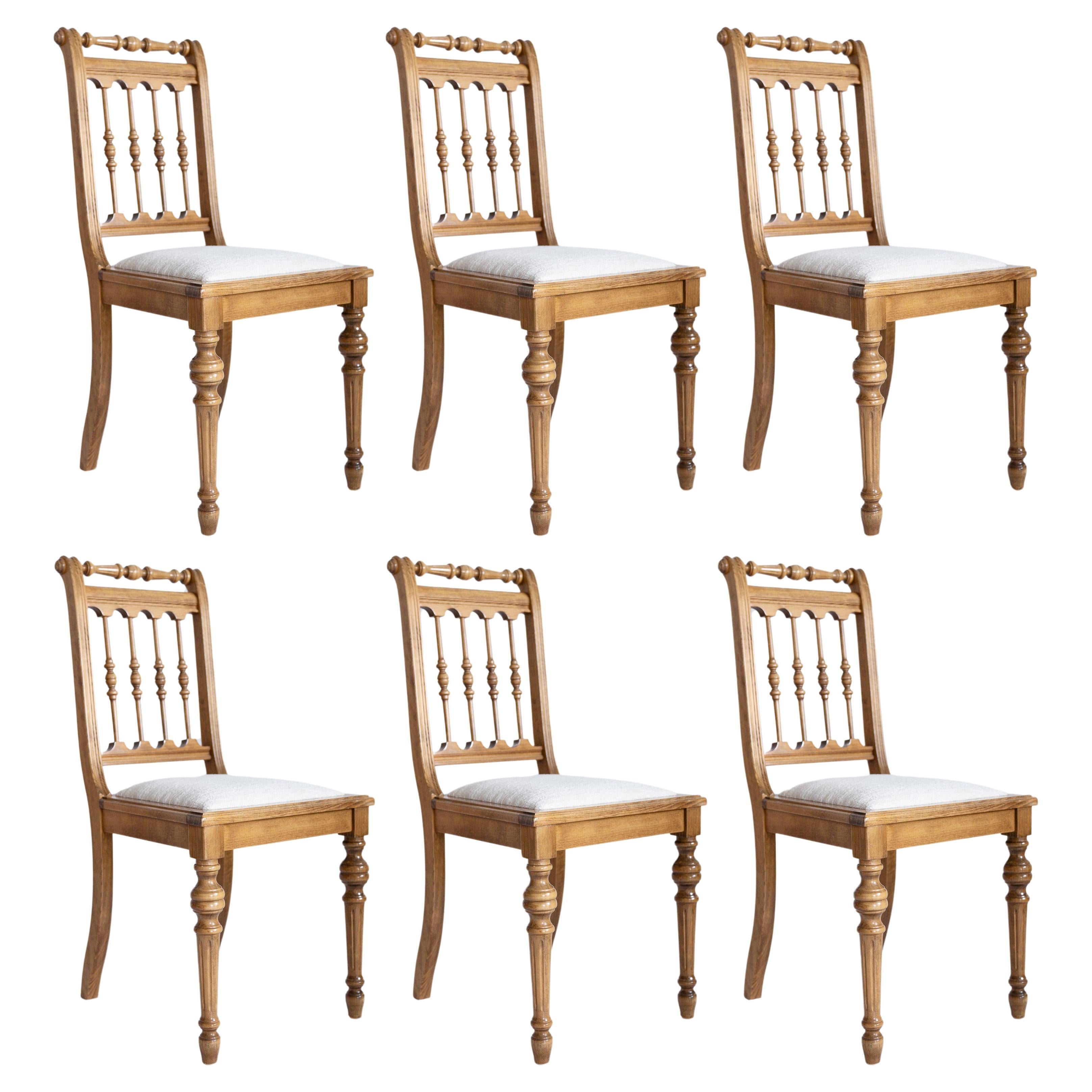 Set of Six Mid Century Unique Chairs, White Chenille, Oak Wood, Europe, 1960s For Sale
