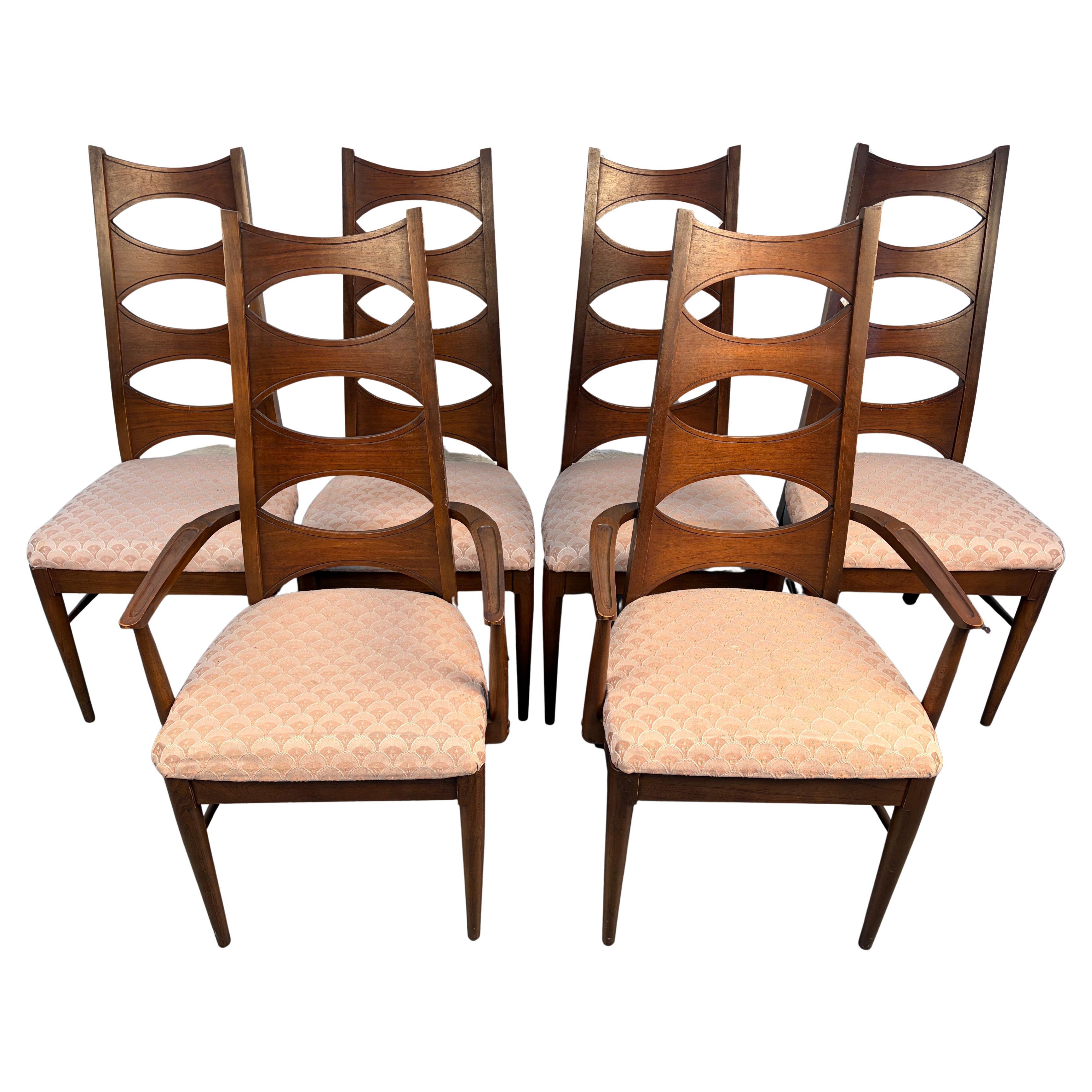 Set of Six Mid-Century Upholstered Walnut Dining Chairs By Thomasville