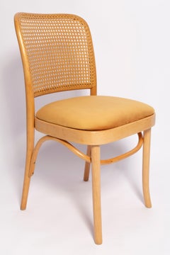 Set of Six Mid Century Yellow Velvet Thonet Wood Rattan Chairs, Europe, 1960s