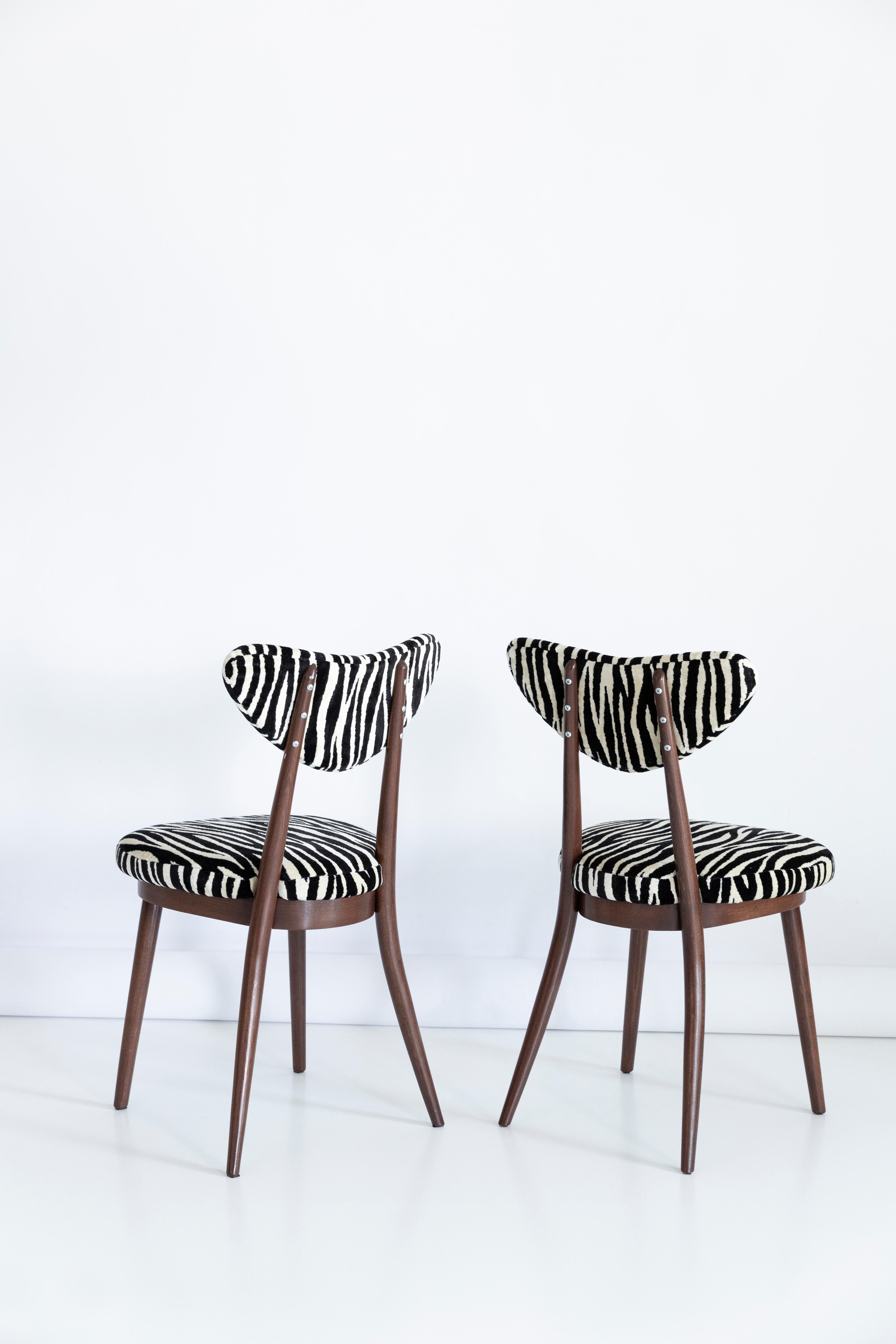 Velvet Set of Six Midcentury Zebra Black and White Heart Chairs, Poland, 1960s For Sale