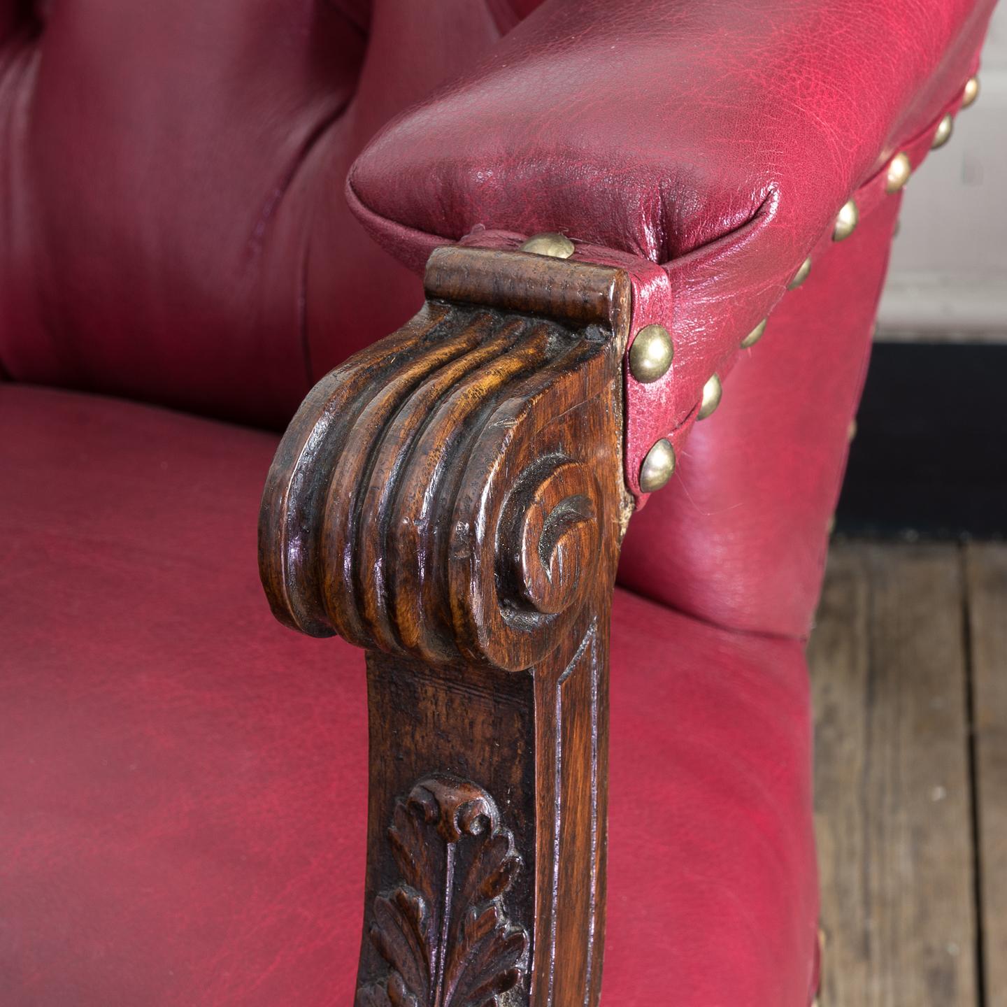 Set of Six Mid-Victorian Carved Oak and Leather Upholstered Club Armchairs For Sale 5