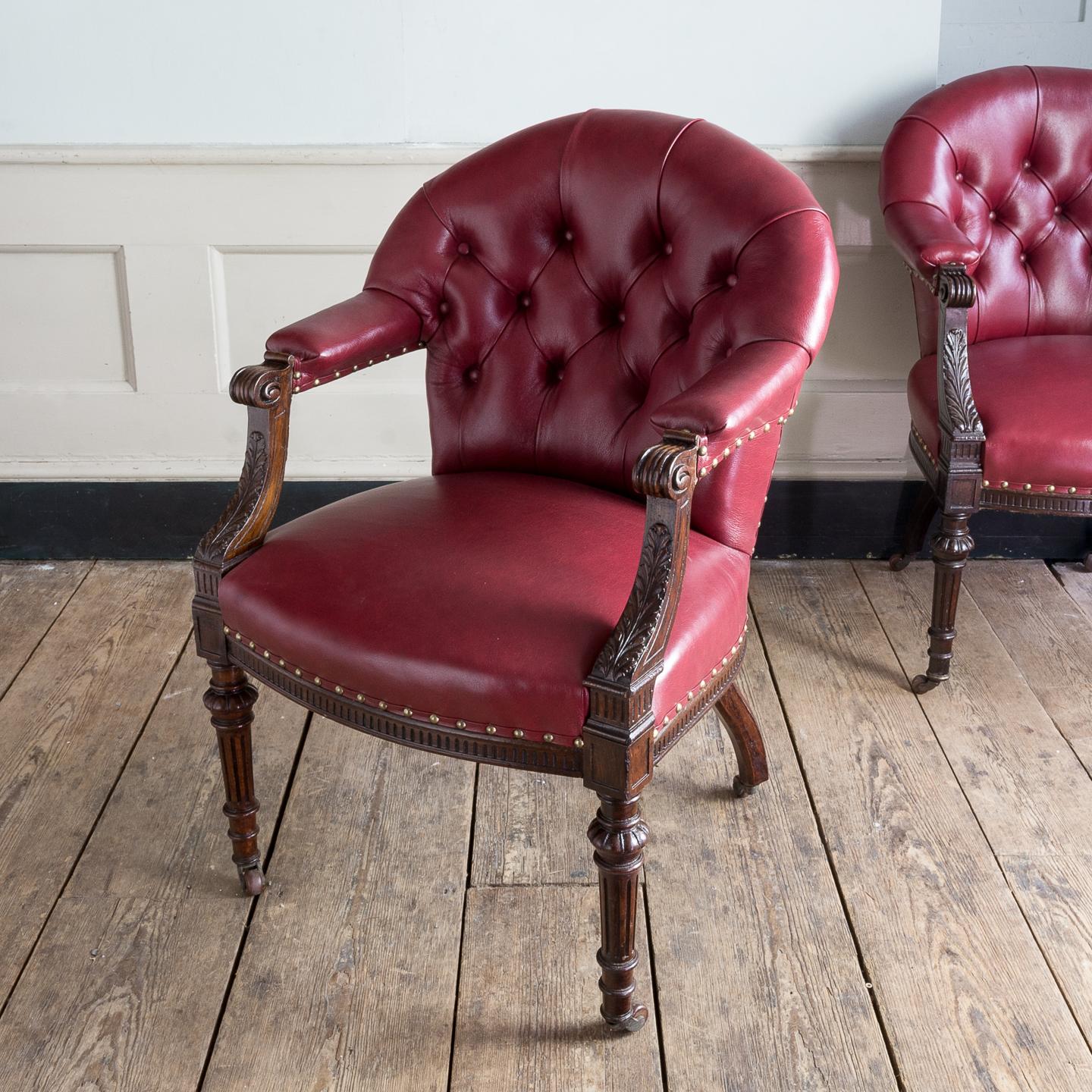 Set of Six Mid-Victorian Carved Oak and Leather Upholstered Club Armchairs For Sale 7