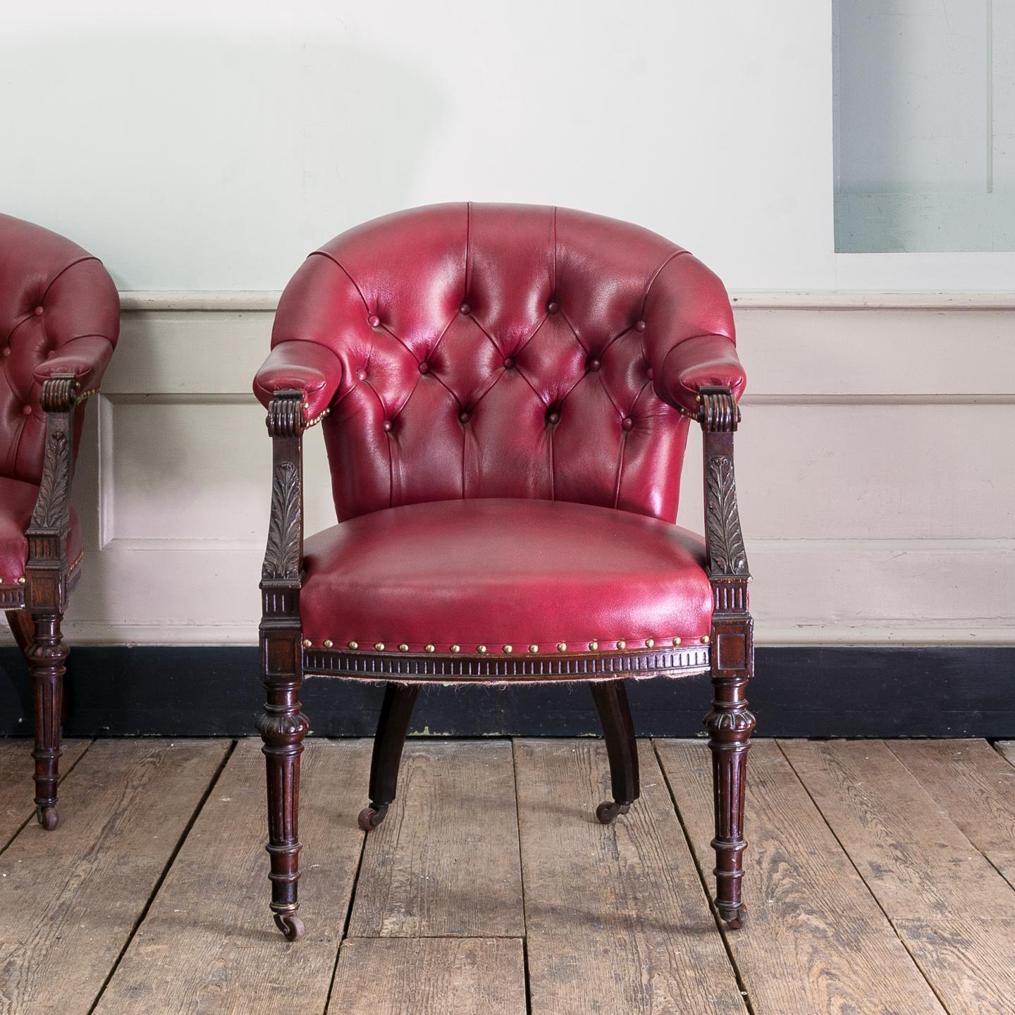 Set of Six Mid-Victorian Carved Oak and Leather Upholstered Club Armchairs For Sale 8