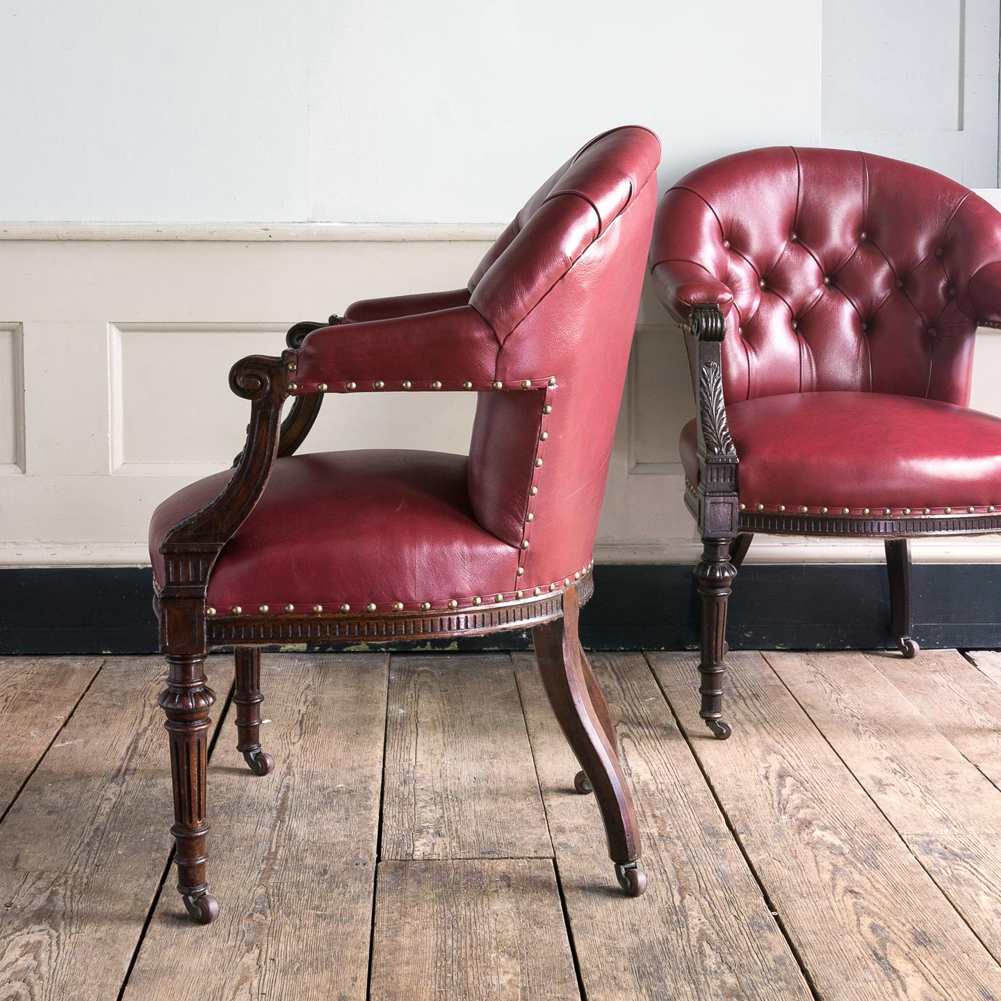 Set of Six Mid-Victorian Carved Oak and Leather Upholstered Club Armchairs For Sale 9