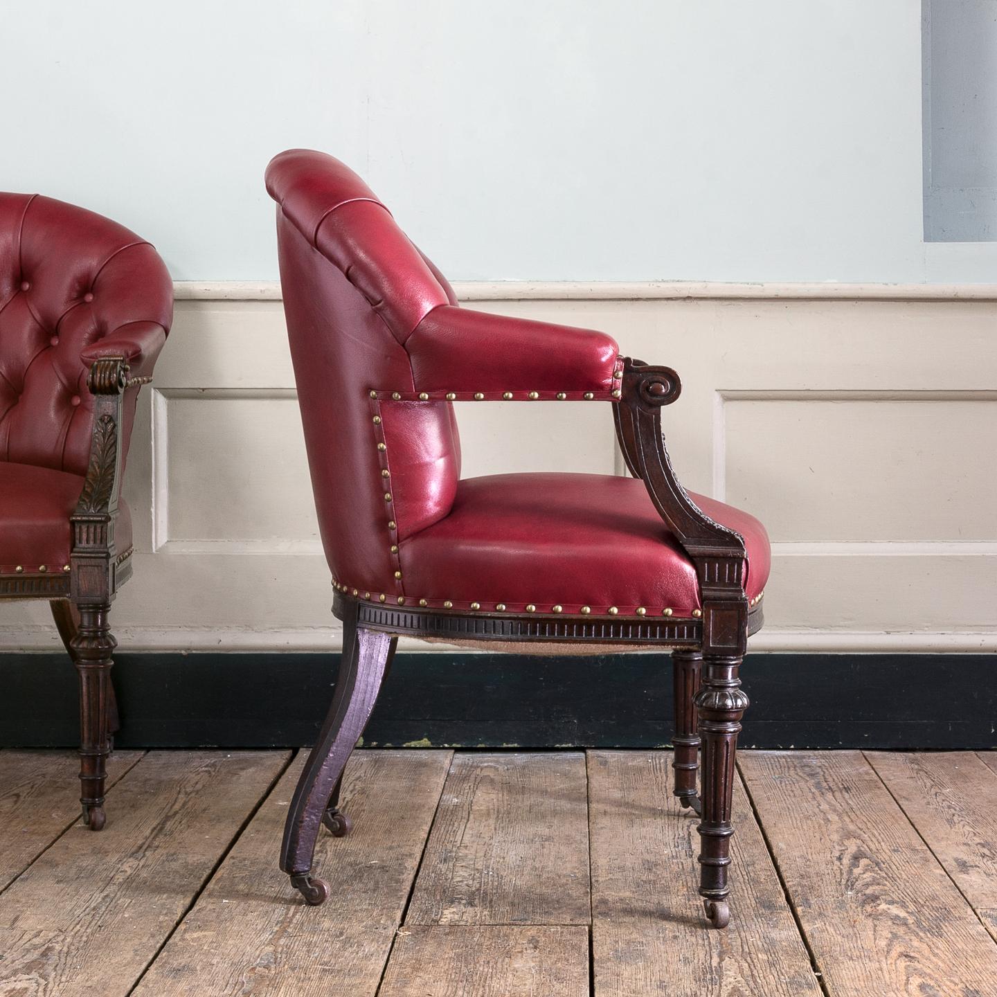 European Set of Six Mid-Victorian Carved Oak and Leather Upholstered Club Armchairs For Sale