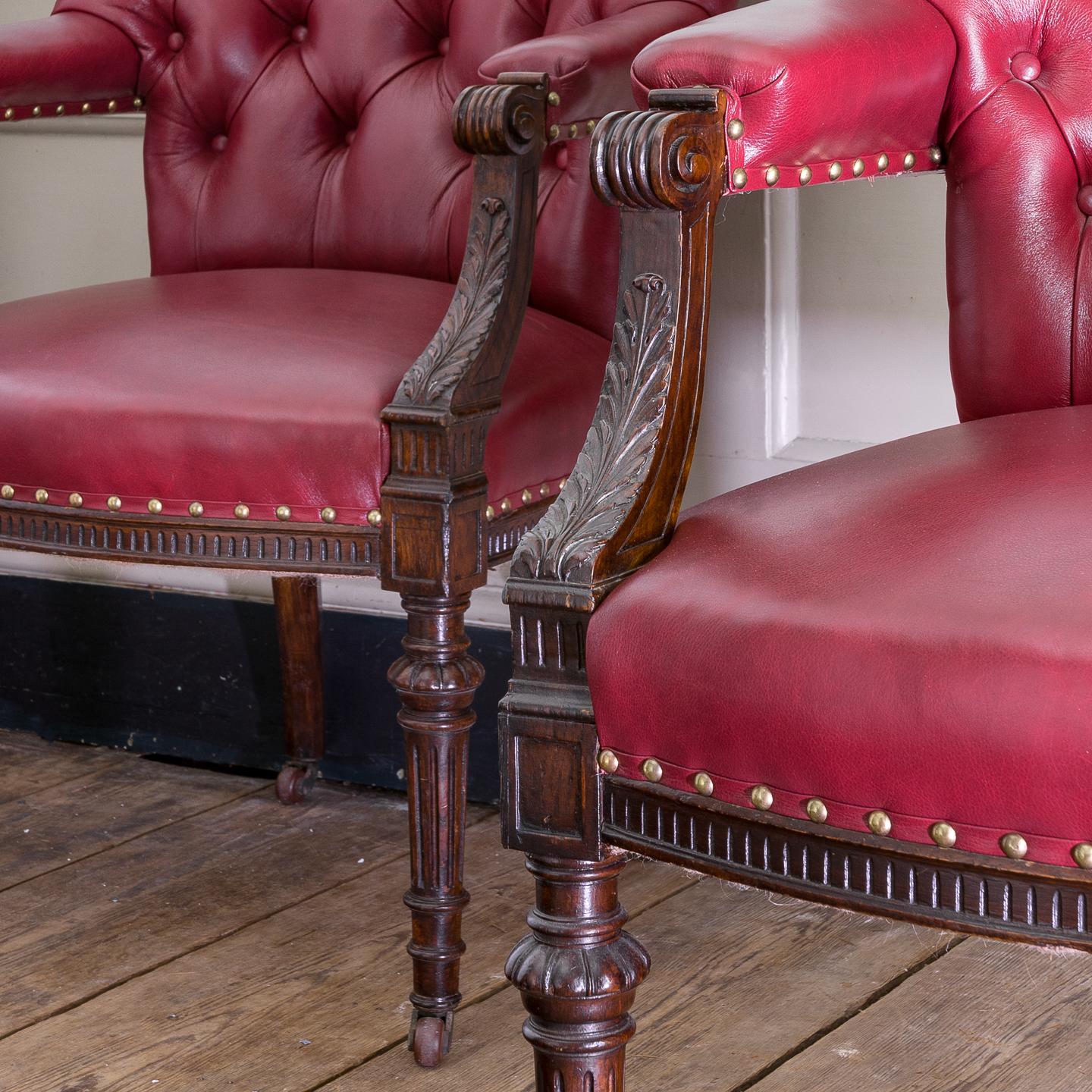 Late 19th Century Set of Six Mid-Victorian Carved Oak and Leather Upholstered Club Armchairs For Sale